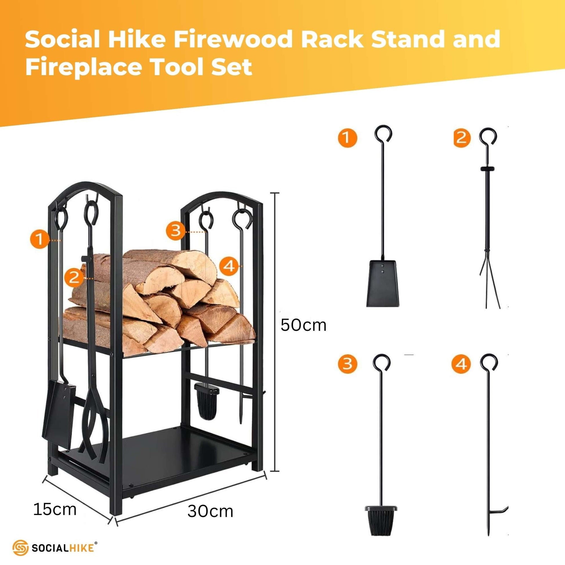 Social Hike Firewood Rack Stand and Fireplace Tool Set for Log Holder Storage-2