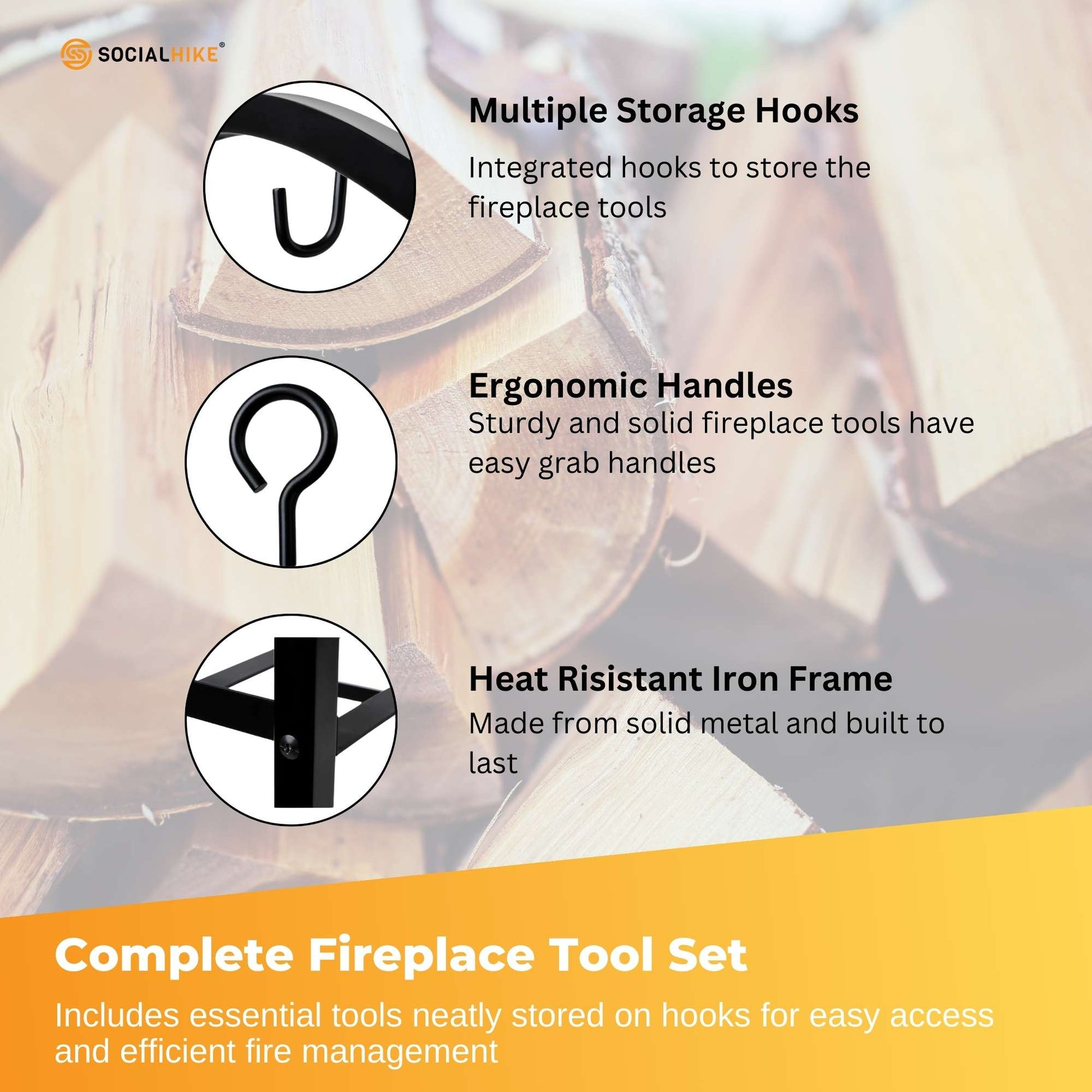 Social Hike Firewood Rack Stand and Fireplace Tool Set for Log Holder Storage-3