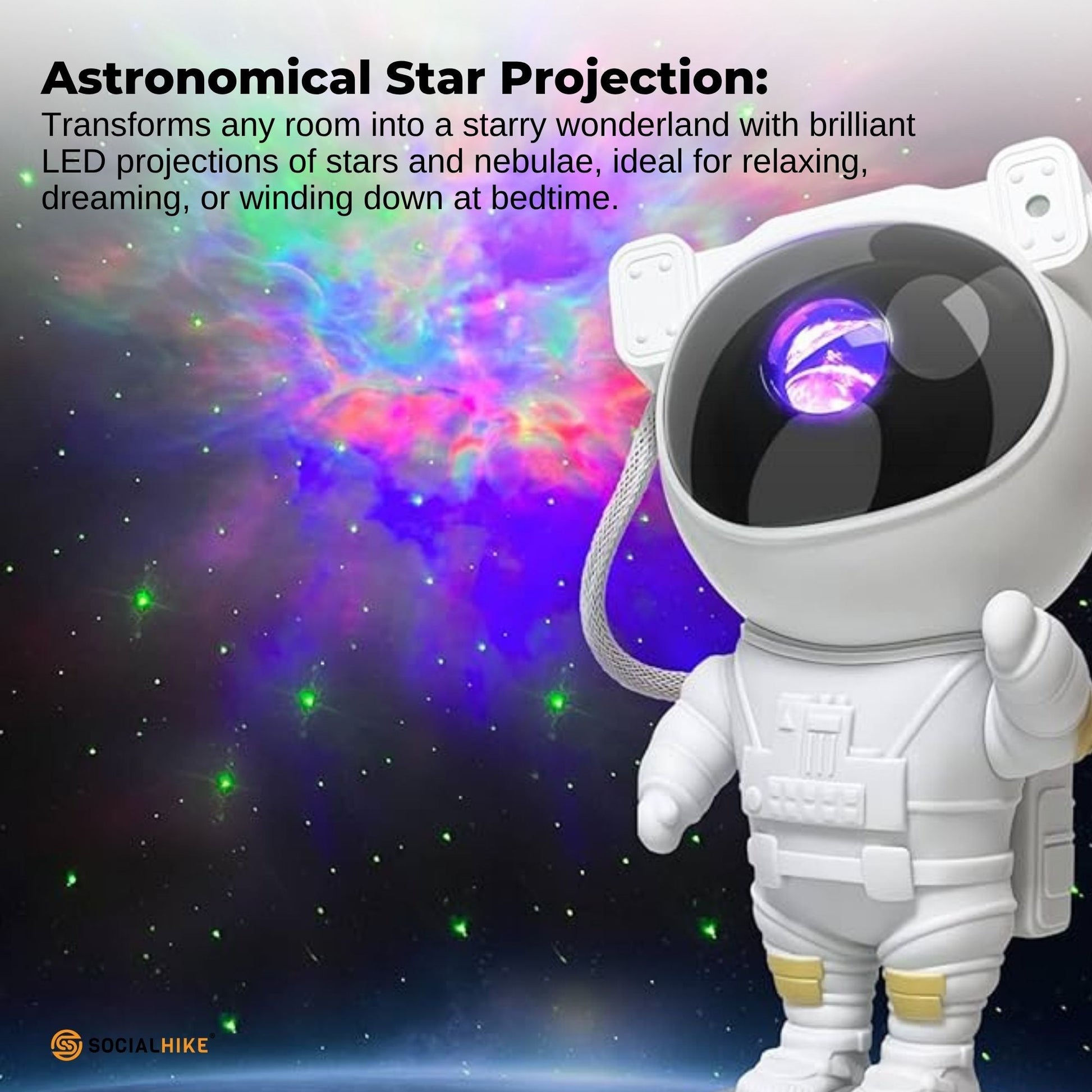 Social Hike Galaxy Star Projector - Colour LED Astronaut Night Light and Remote-3
