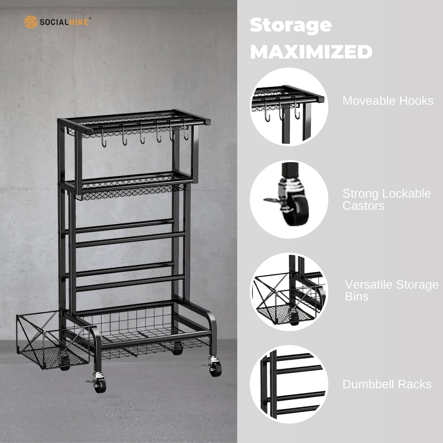 Social Hike Gym Equipment Storage Rack on Wheels - Dumbbells Weights Organiser-2