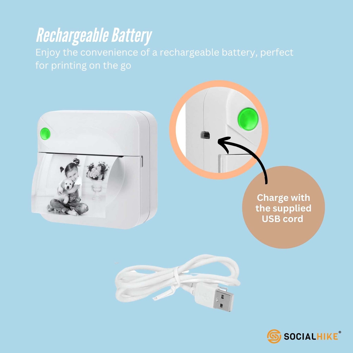 Social Hike Portable Mini Printer White - Inkless Bluetooth Phone Pocket Thermal Printing-3