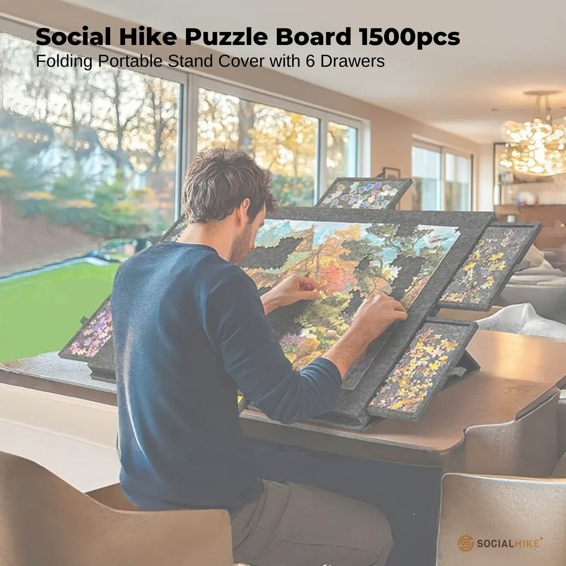 Social Hike Puzzle Board 1500 pcs - Felt Tilting Portable Cover + Drawers Grey-1