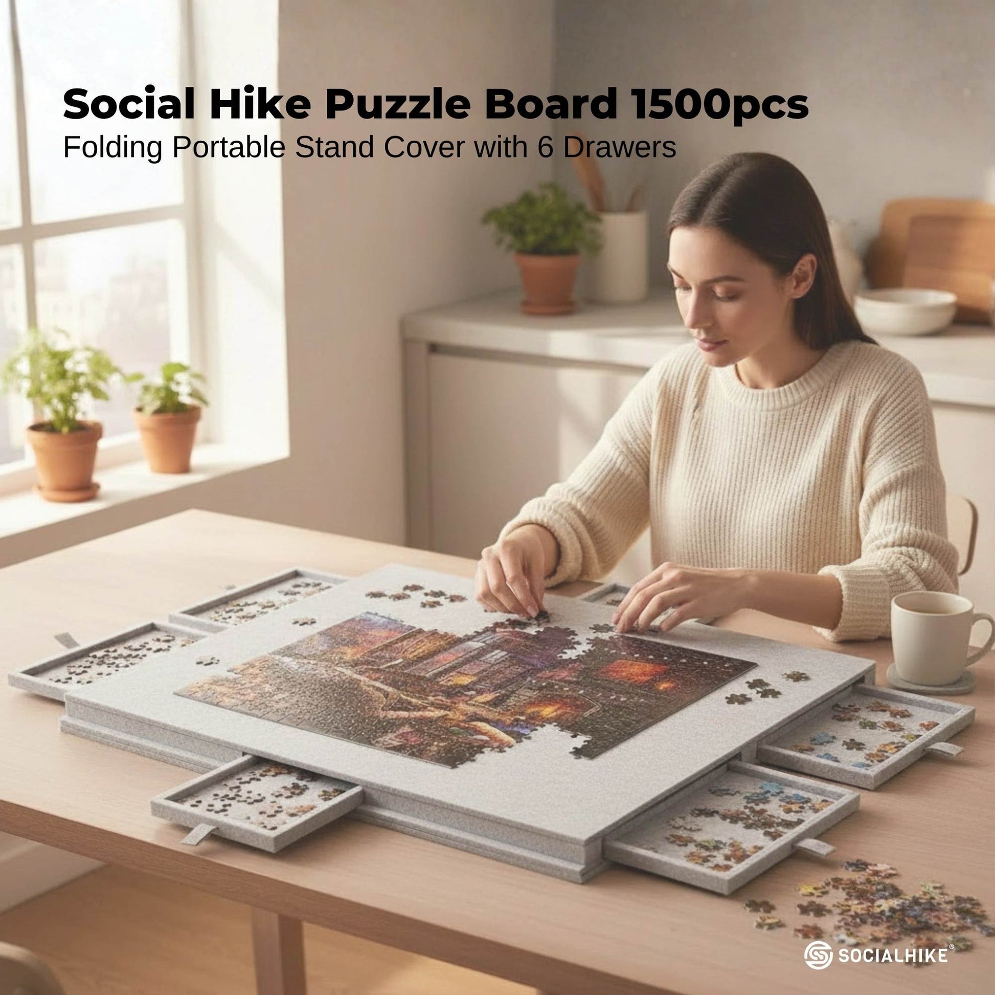 Social Hike Puzzle Board 1500 pcs - Felt Tilting Portable Cover + Drawers Silver-1