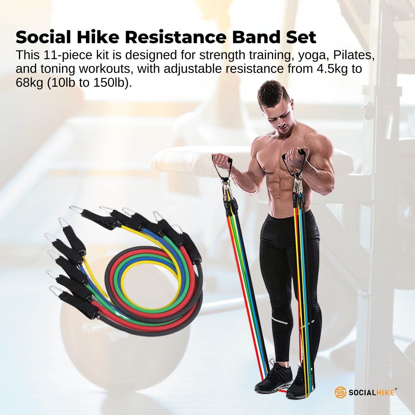 Social Hike Resistance Band Set with Handles - 11pcs Home Workout Kit 4.5-68kg-1