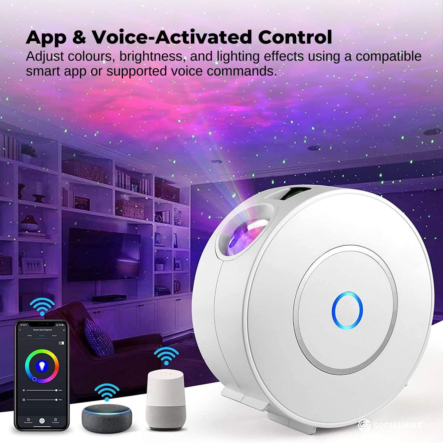 Social Hike Smart Galaxy Star Projector – WiFi LED Light App Voice Control White-2