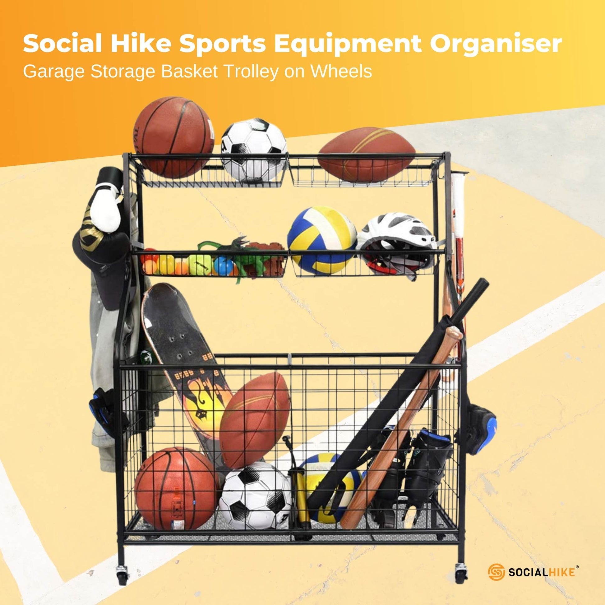 Social Hike Sports Equipment Storage Organiser Trolley on Wheels - Garage Basket-1