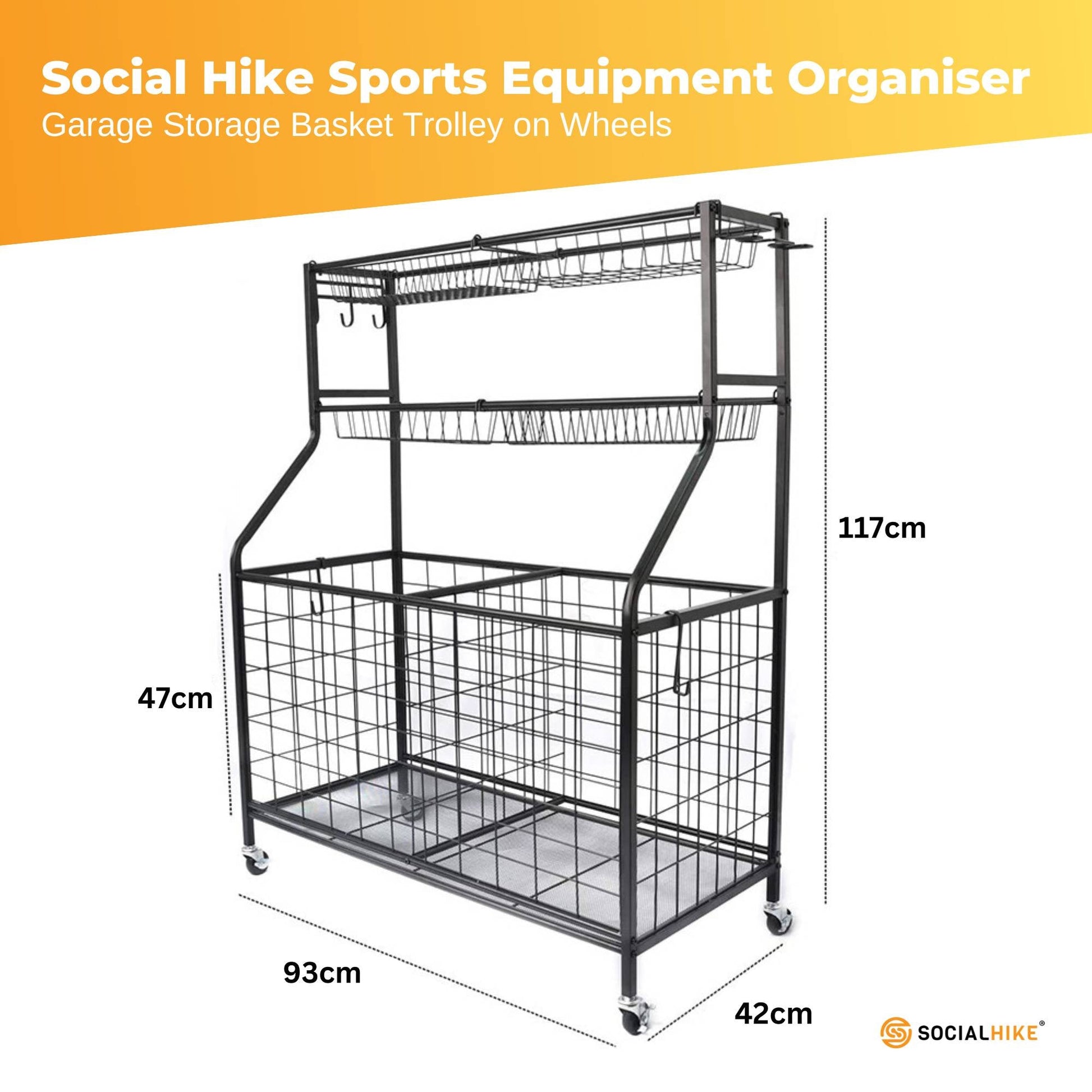 Social Hike Sports Equipment Storage Organiser Trolley on Wheels - Garage Basket-2