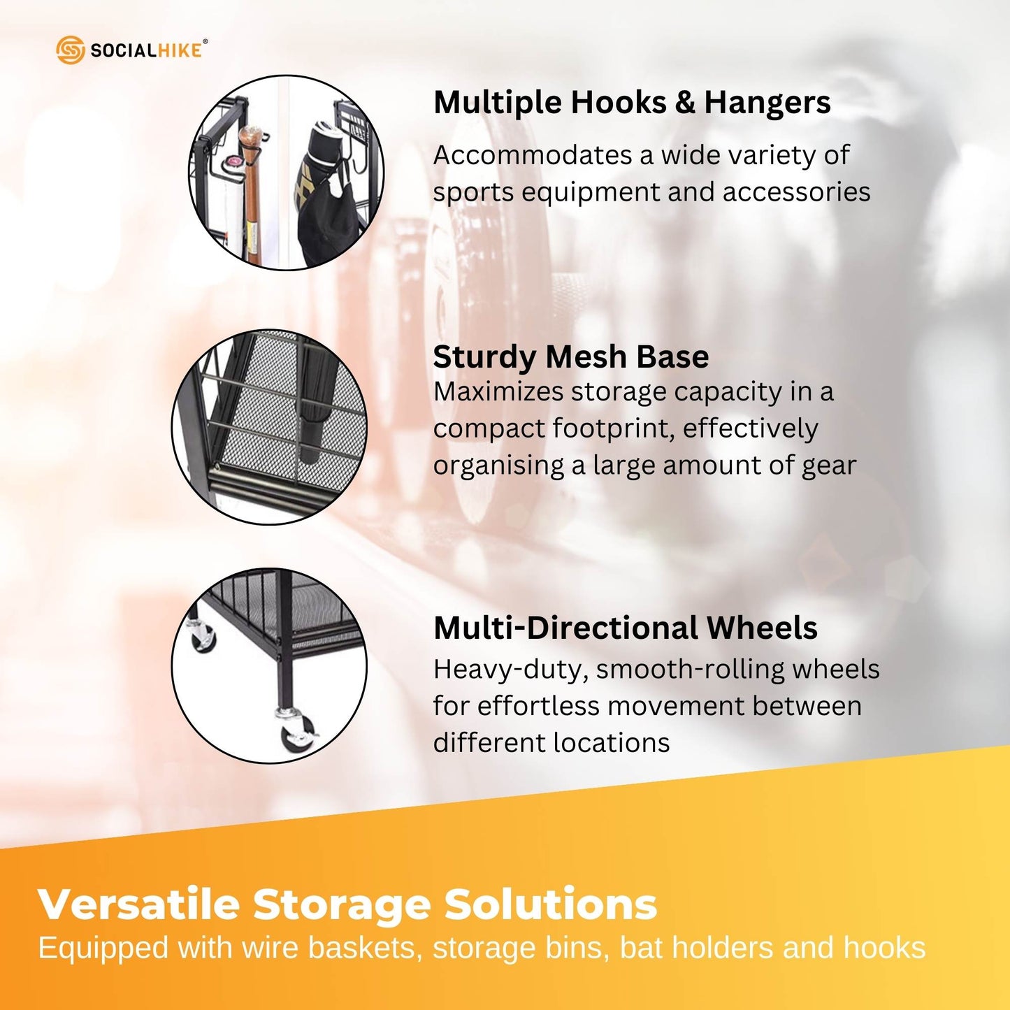 Social Hike Sports Equipment Storage Organiser Trolley on Wheels - Garage Basket-3