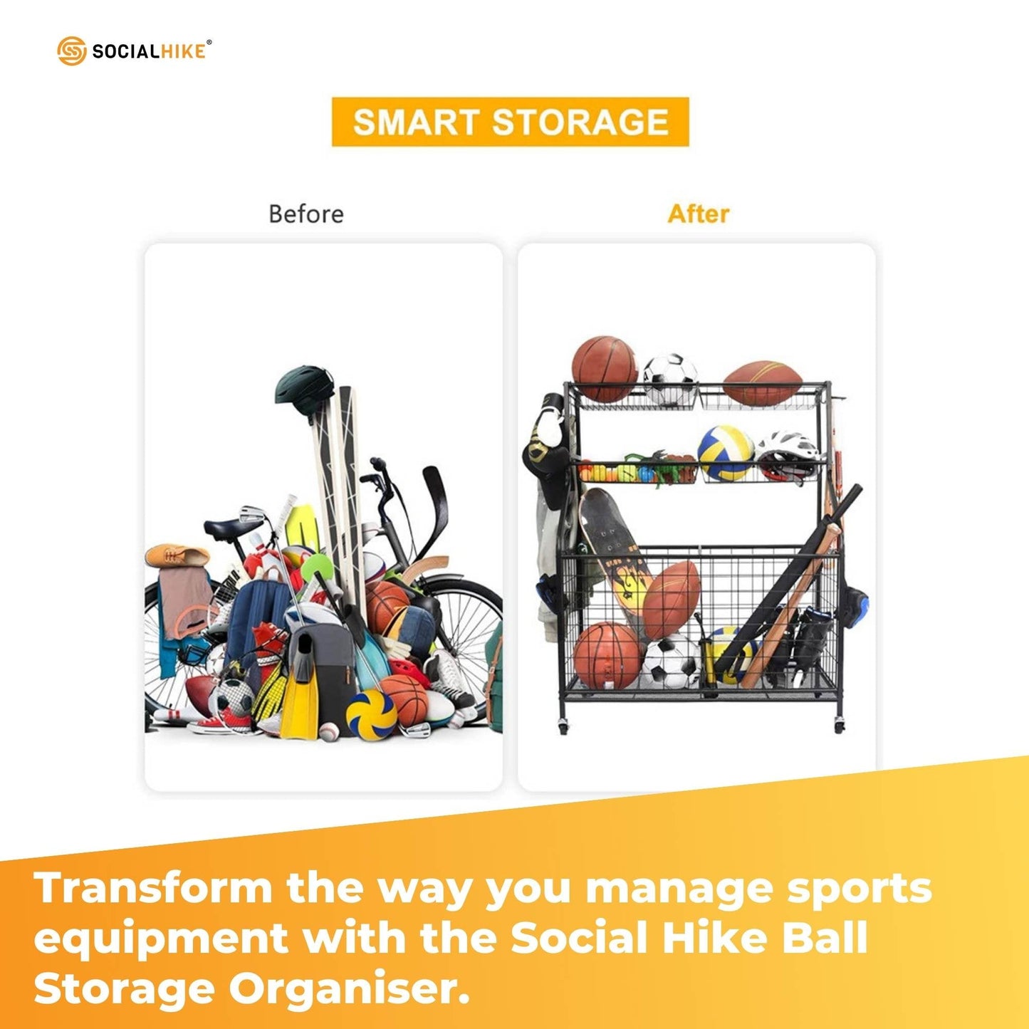 Social Hike Sports Equipment Storage Organiser Trolley on Wheels - Garage Basket-4