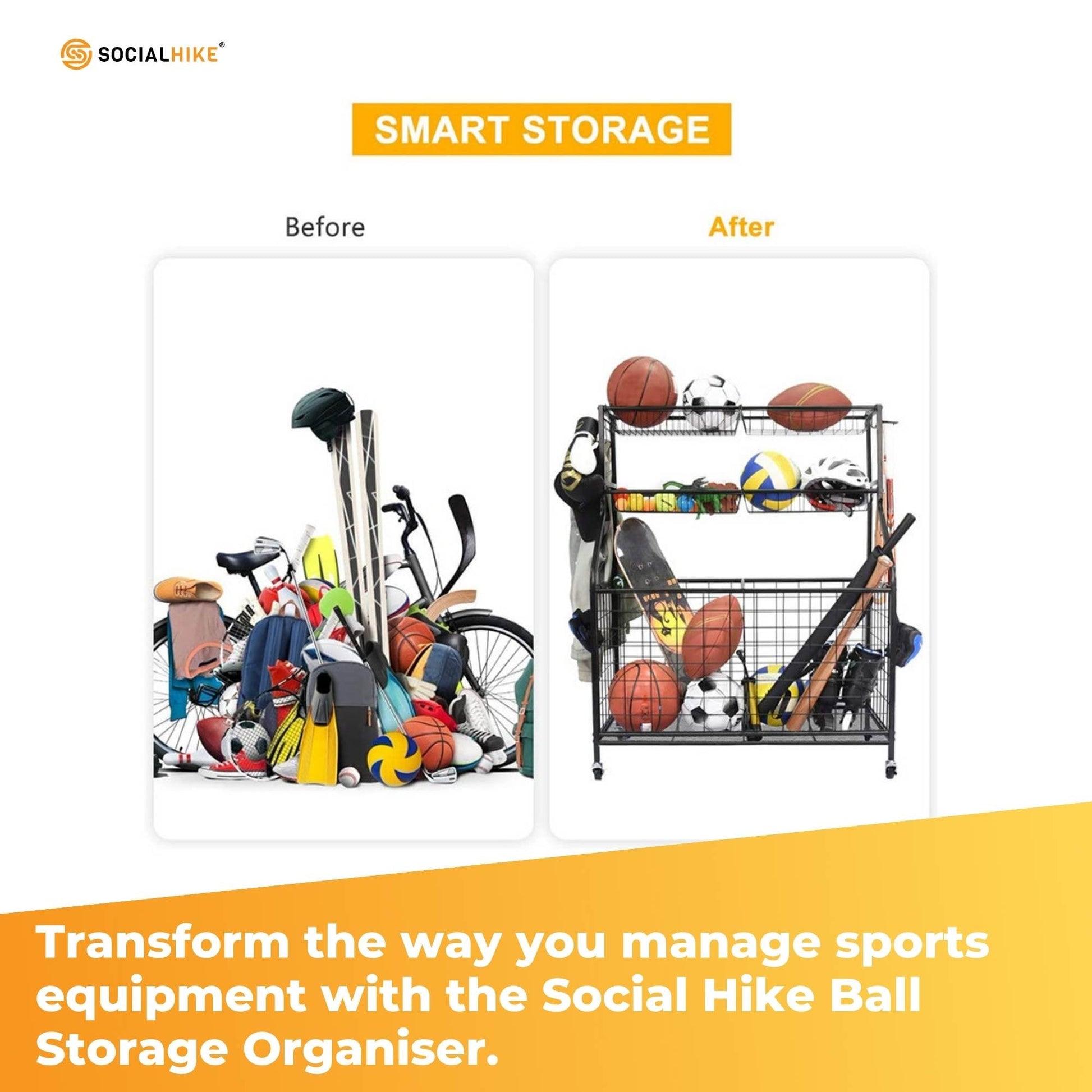 Social Hike Sports Equipment Storage Organiser Trolley on Wheels - Garage Basket-4