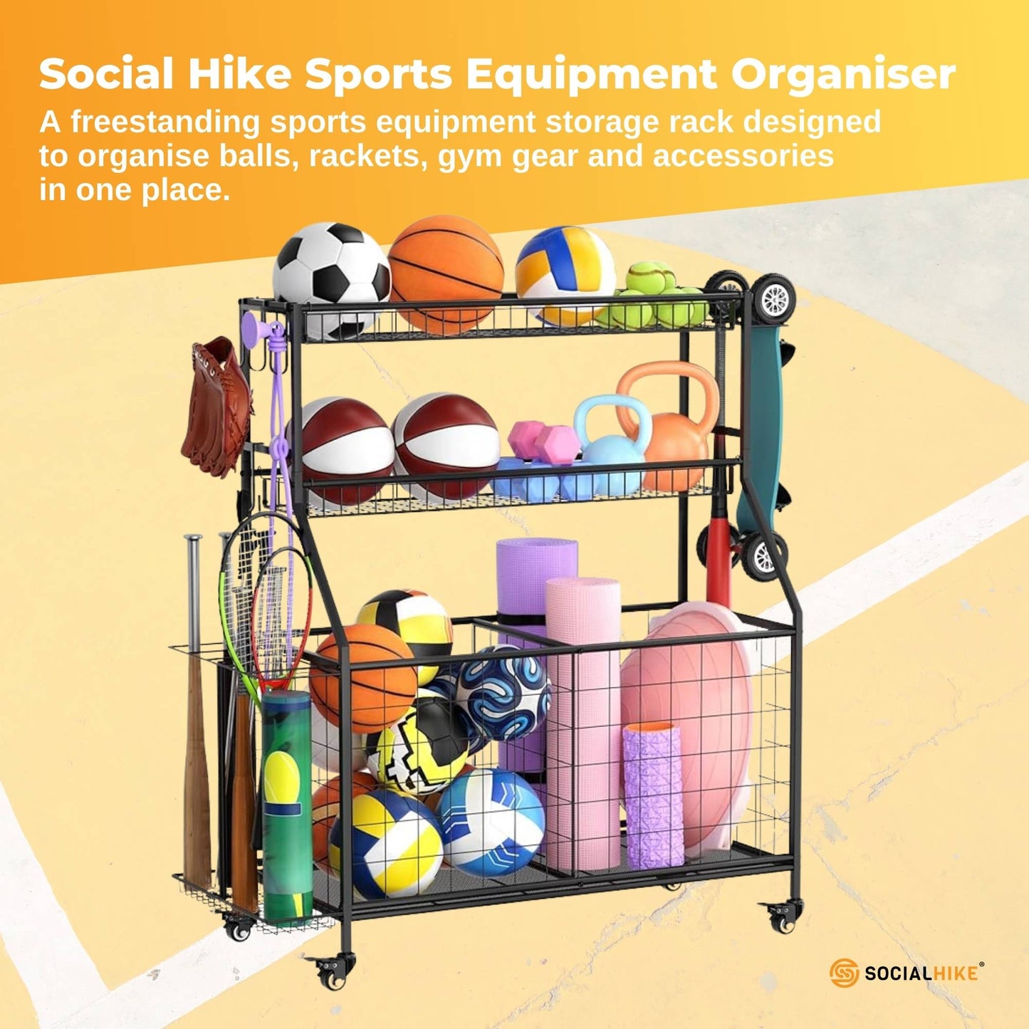 Social Hike Sports Equipment Storage Organiser with Side Rack Garage Trolley-1