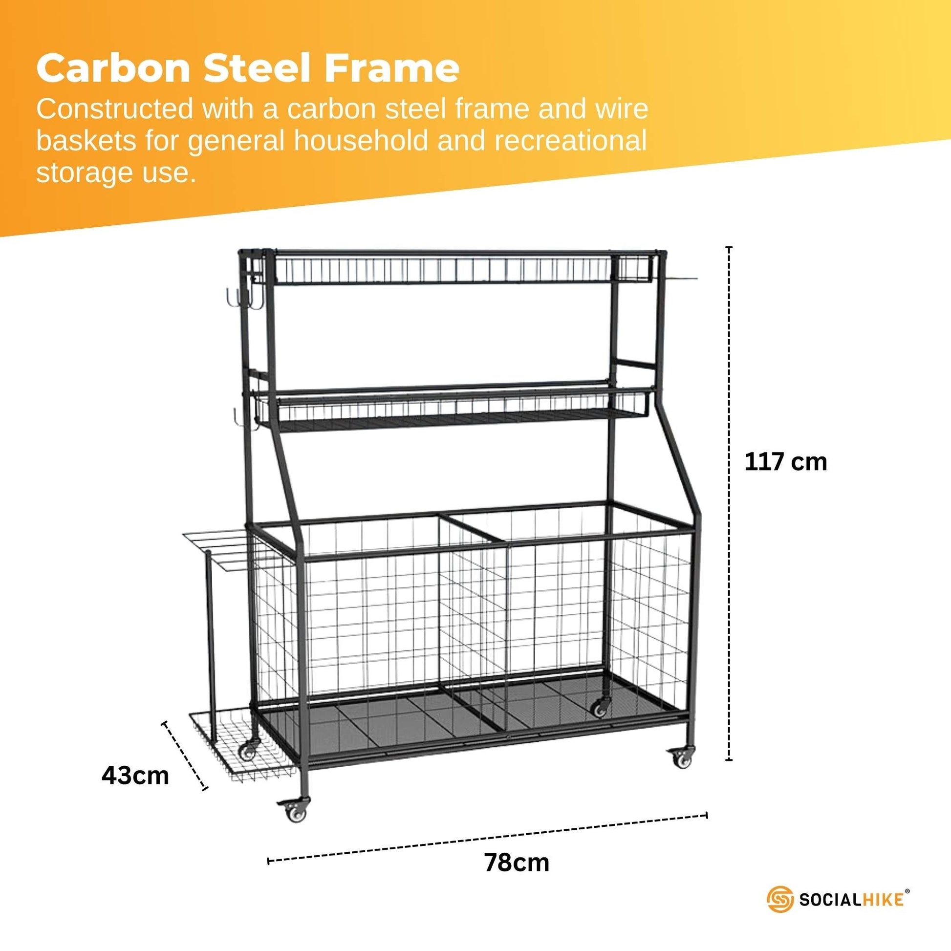 Social Hike Sports Equipment Storage Organiser with Side Rack Garage Trolley-2