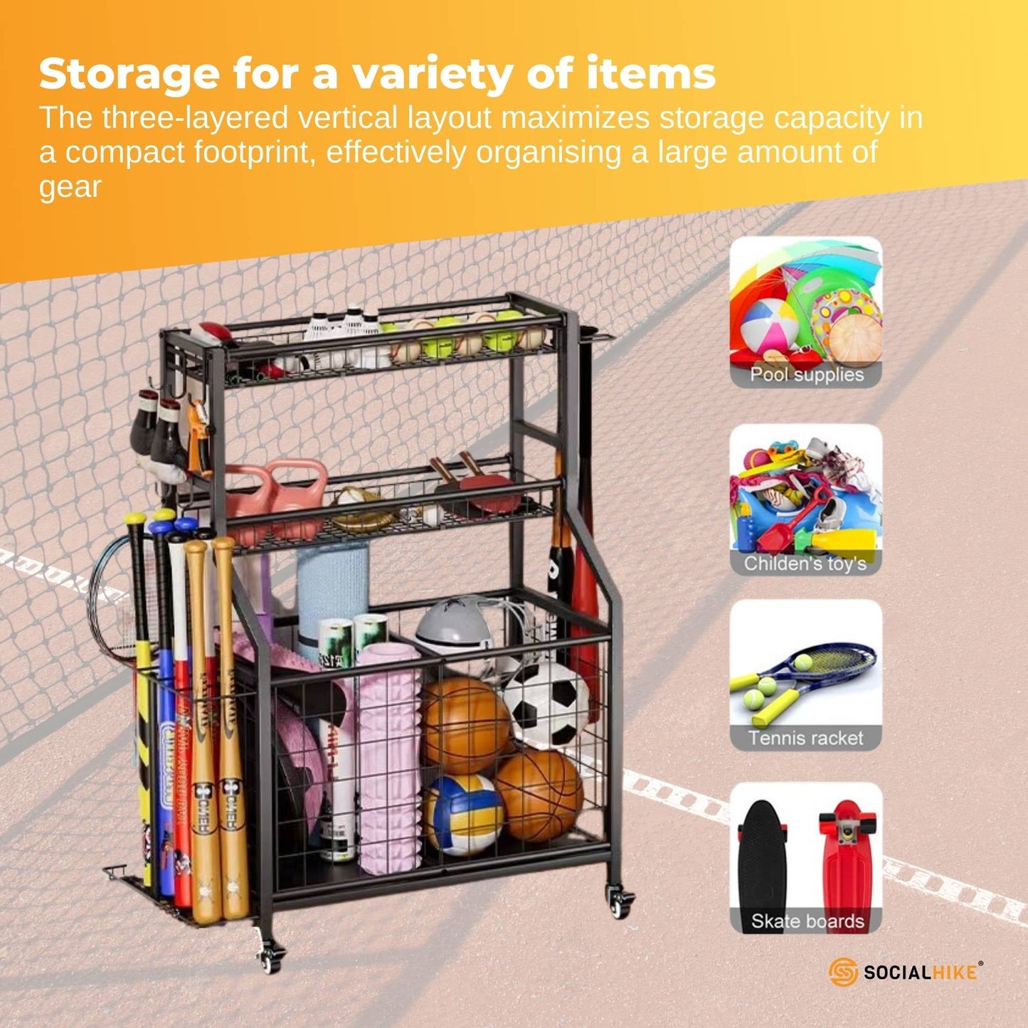 Social Hike Sports Equipment Storage Organiser with Side Rack Garage Trolley-3