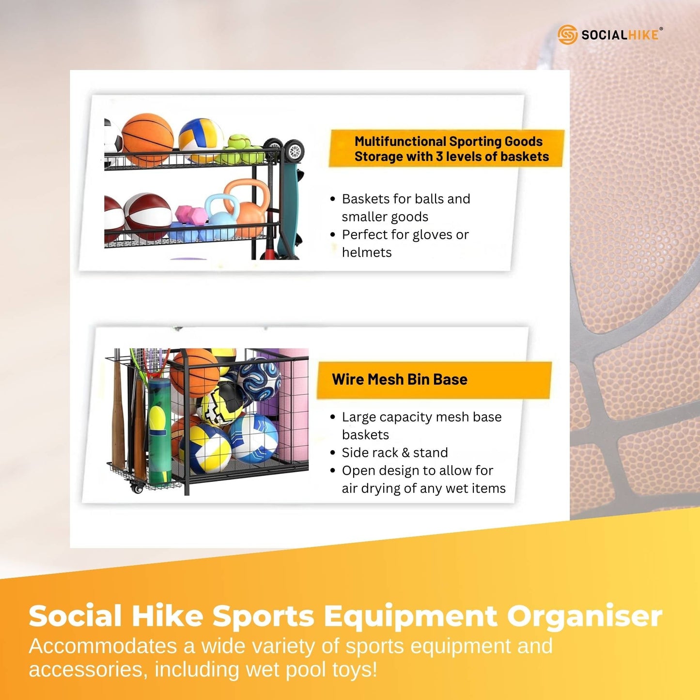 Social Hike Sports Equipment Storage Organiser with Side Rack Garage Trolley-4