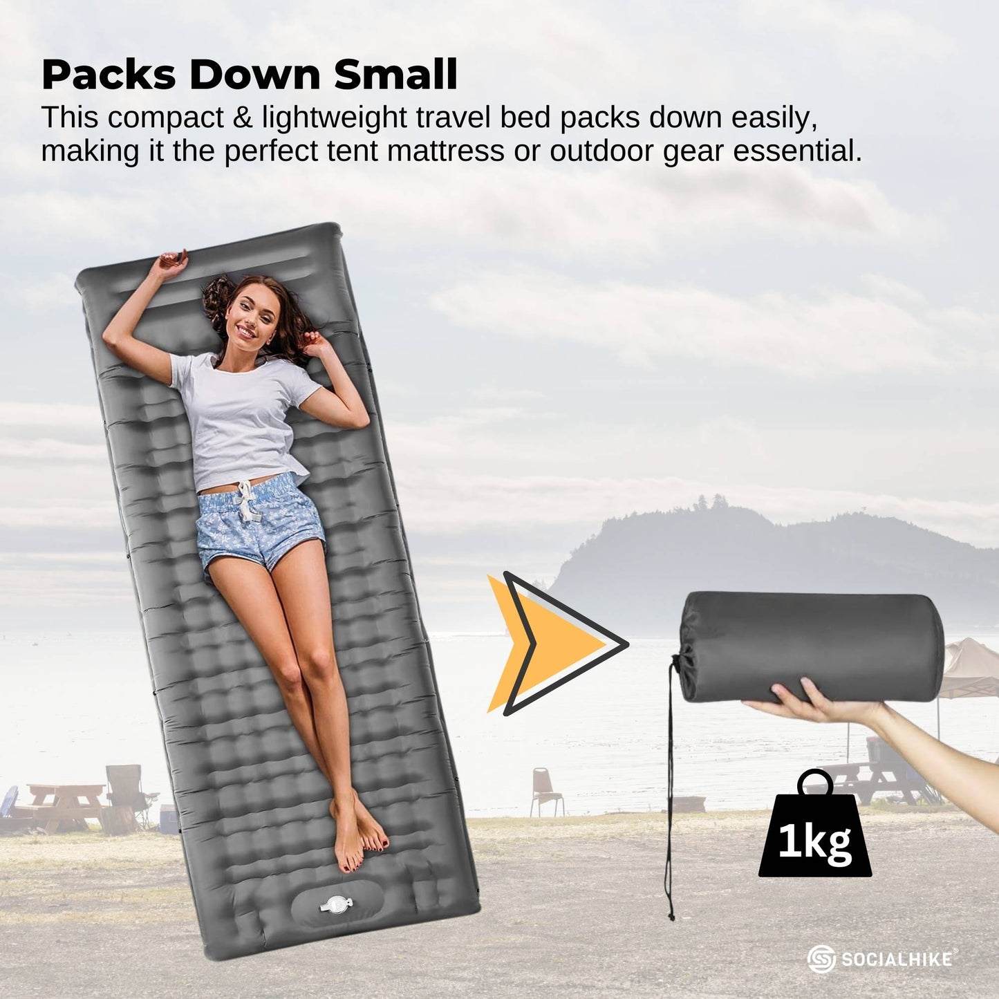 Social Hike Step-Inflating Camping Mattress Lightweight Waterproof Sleeping Grey-3