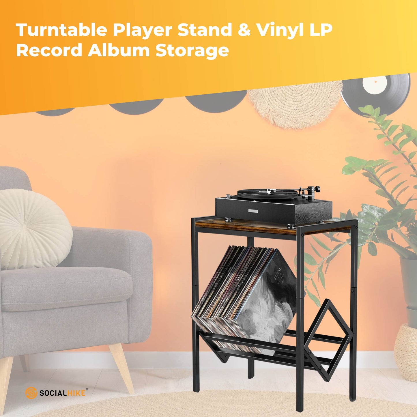 Social Hike Turntable Player Stand & Vinyl LP Record Album Storage - Black Metal-1