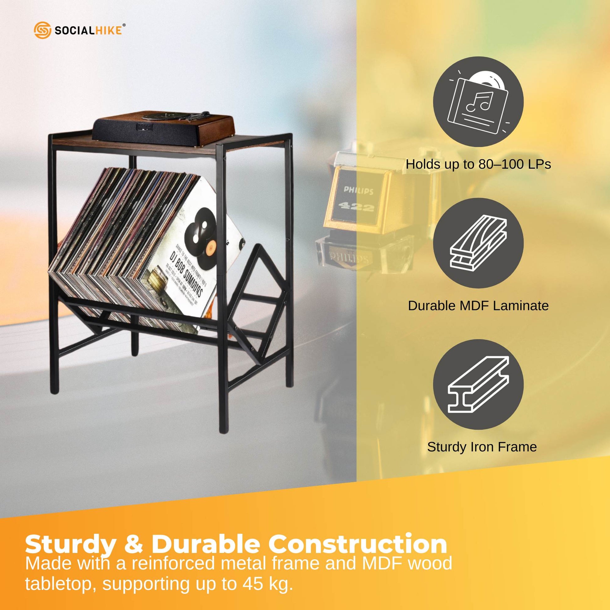 Social Hike Turntable Player Stand & Vinyl LP Record Album Storage - Black Metal-2