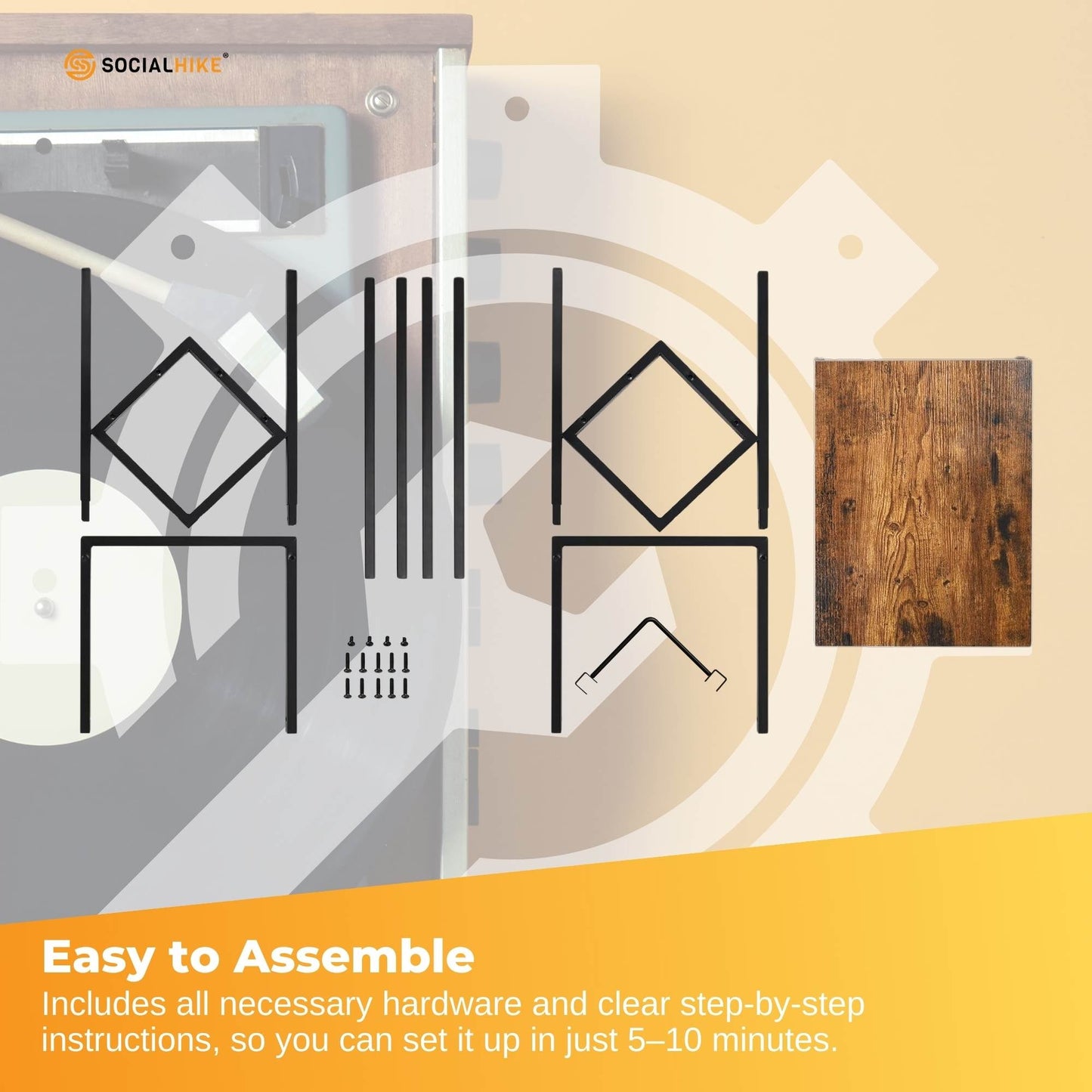 Social Hike Turntable Player Stand & Vinyl LP Record Album Storage - Black Metal-3