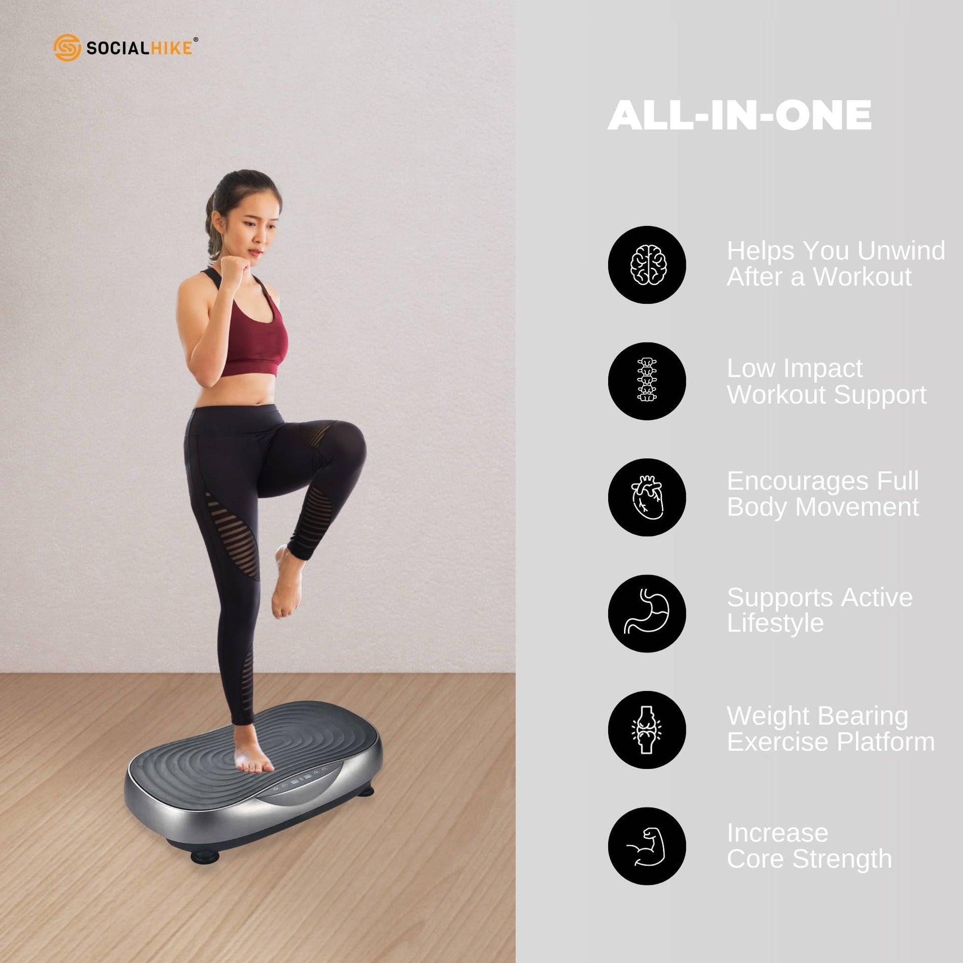 Social Hike Vibration Plate Machine - Vibrating Exercise Platform Grey-3