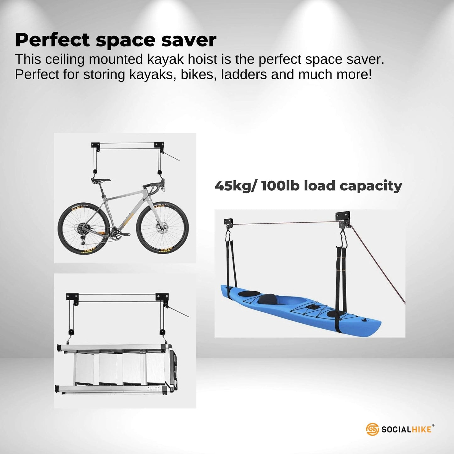 Kayak Hoist - 45kg Garage Ceiling Pulley Lift Storage System Bike Luggage Holder-2