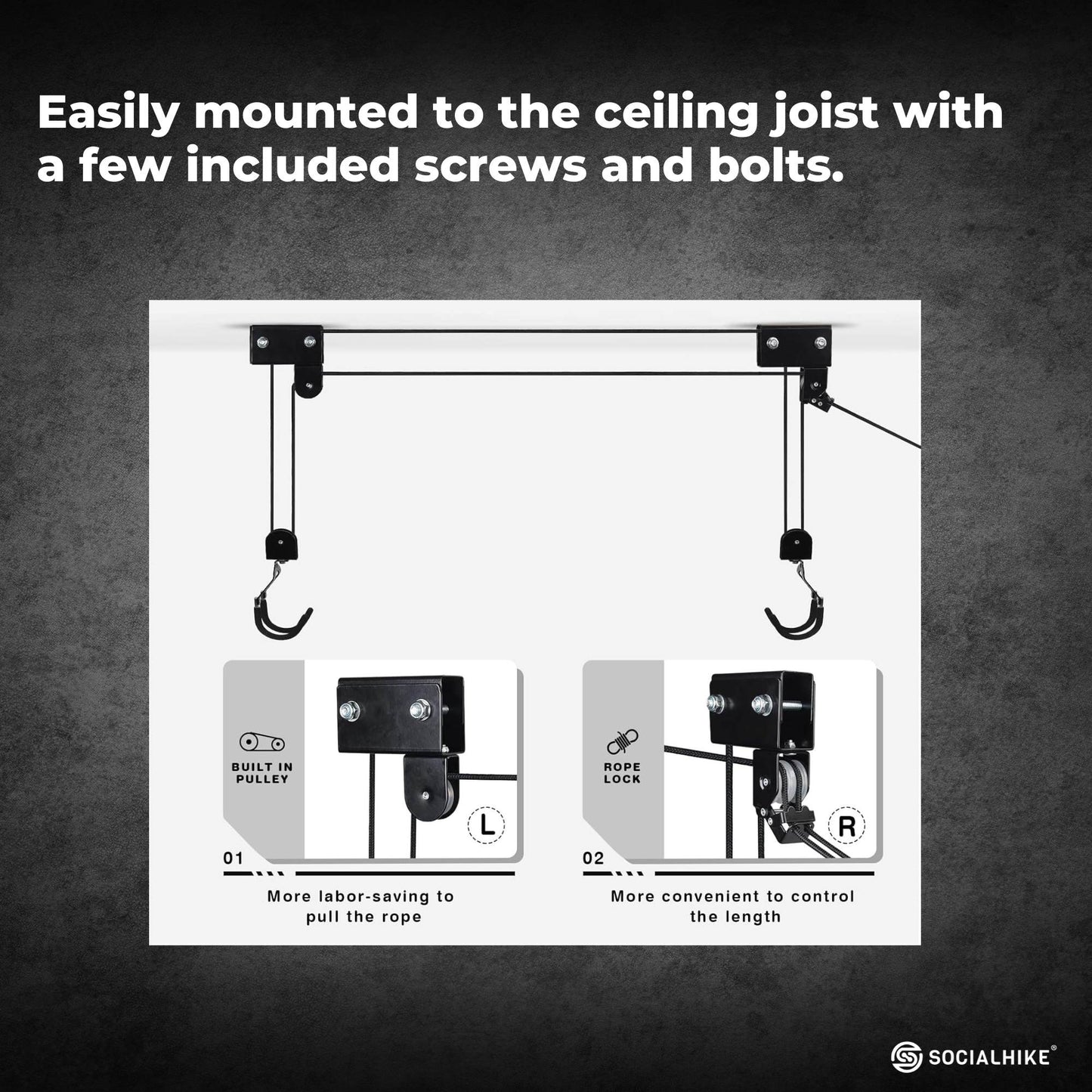 Kayak Hoist - 45kg Garage Ceiling Pulley Lift Storage System Bike Luggage Holder-3