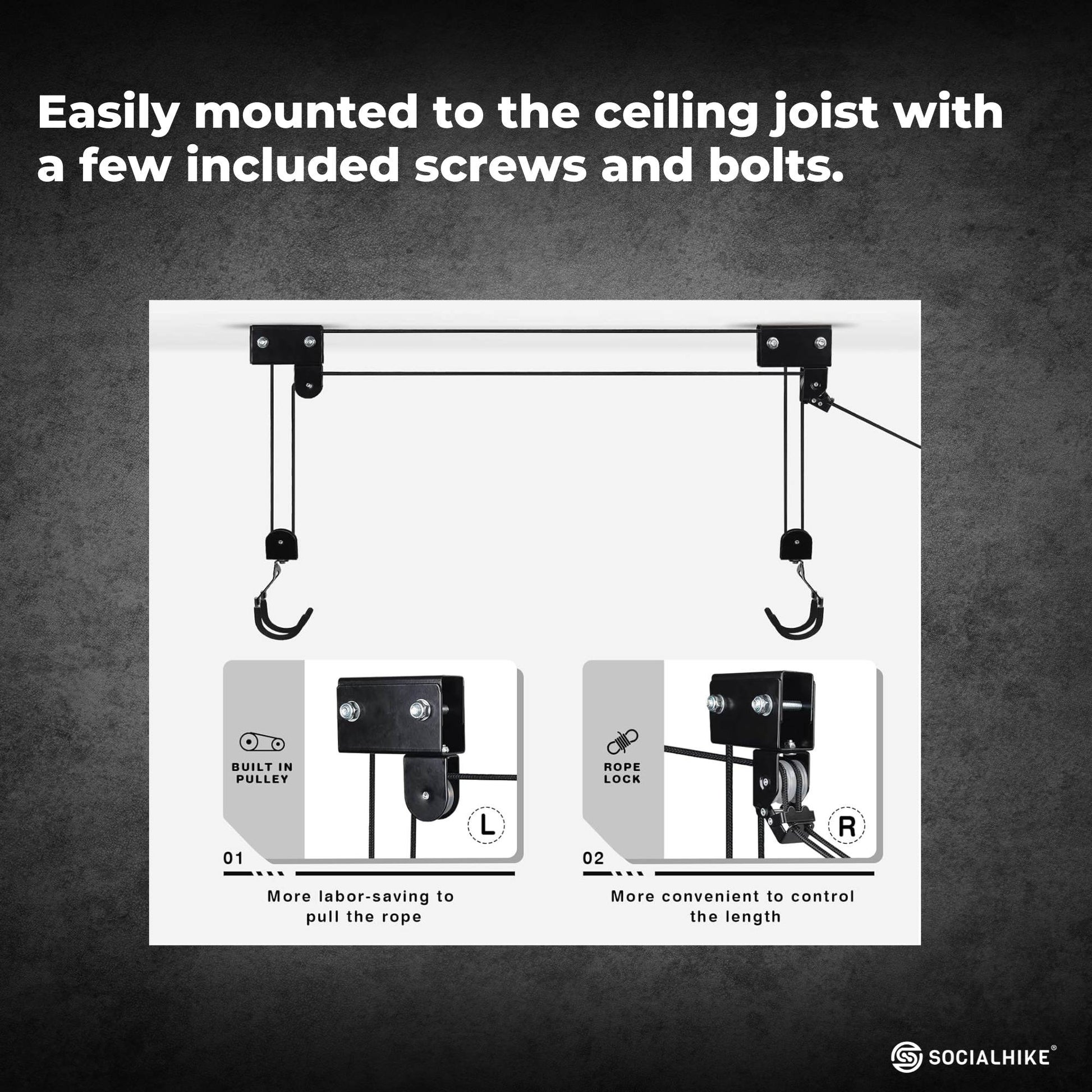 Kayak Hoist - 45kg Garage Ceiling Pulley Lift Storage System Bike Luggage Holder-3