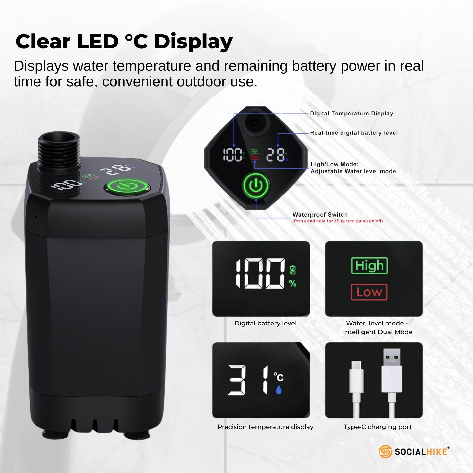Social Hike Portable Camping Shower Kit - 6000MAh Outdoor Rechargeable Pump LED-2