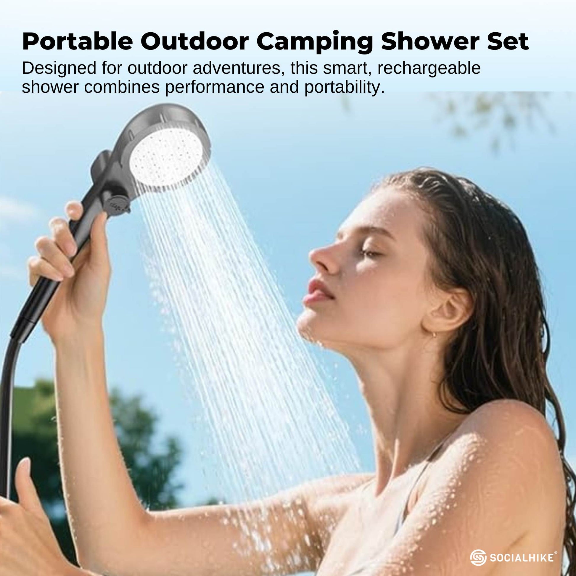 Social Hike Portable Camping Shower Kit - 6000MAh Outdoor Rechargeable Pump LED-1