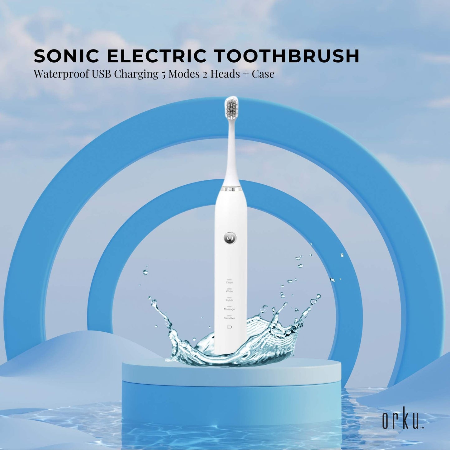 Sonic Electric Toothbrush White - Waterproof USB Charging 5 Modes 2 Heads + Case-1