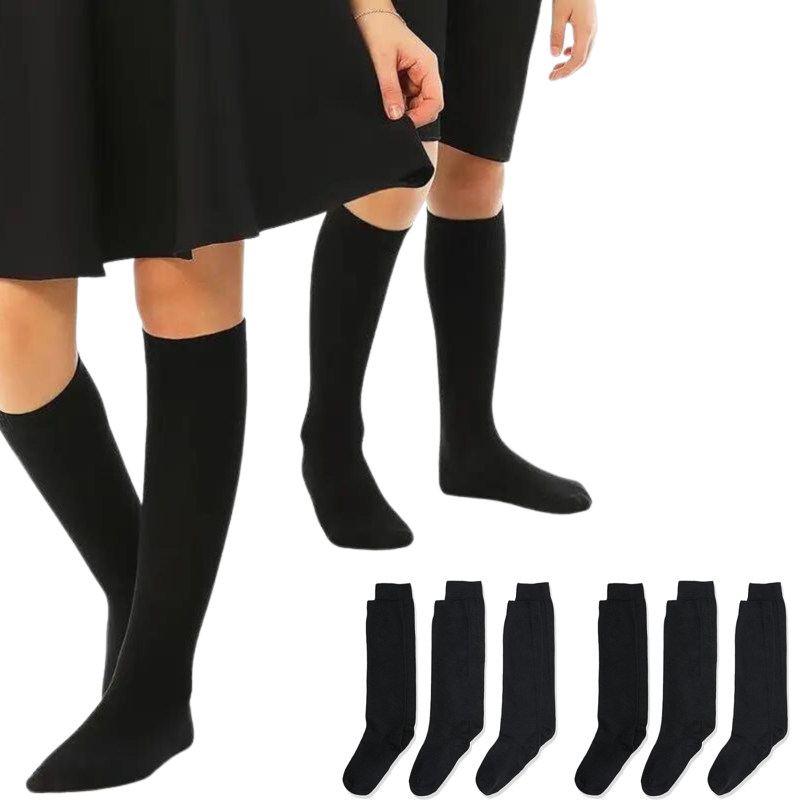 6x Pairs School Uniform Knee High Socks Cotton Rich Girls Boys Kids Bulk - Black-1
