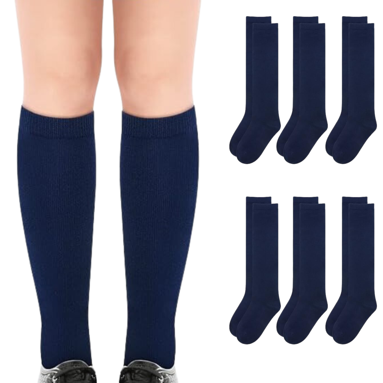 6x Pairs School Uniform Knee High Socks Cotton Rich Girls Boys Kids Bulk - Navy-0