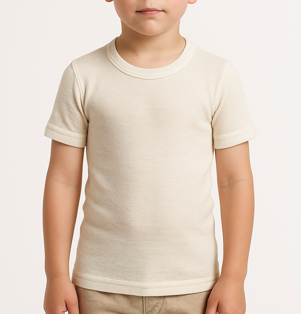 Thermo Fleece Childrens Merino Wool Blend Thermal Underwear Kids Short Sleeve Tee Top - Natural-1