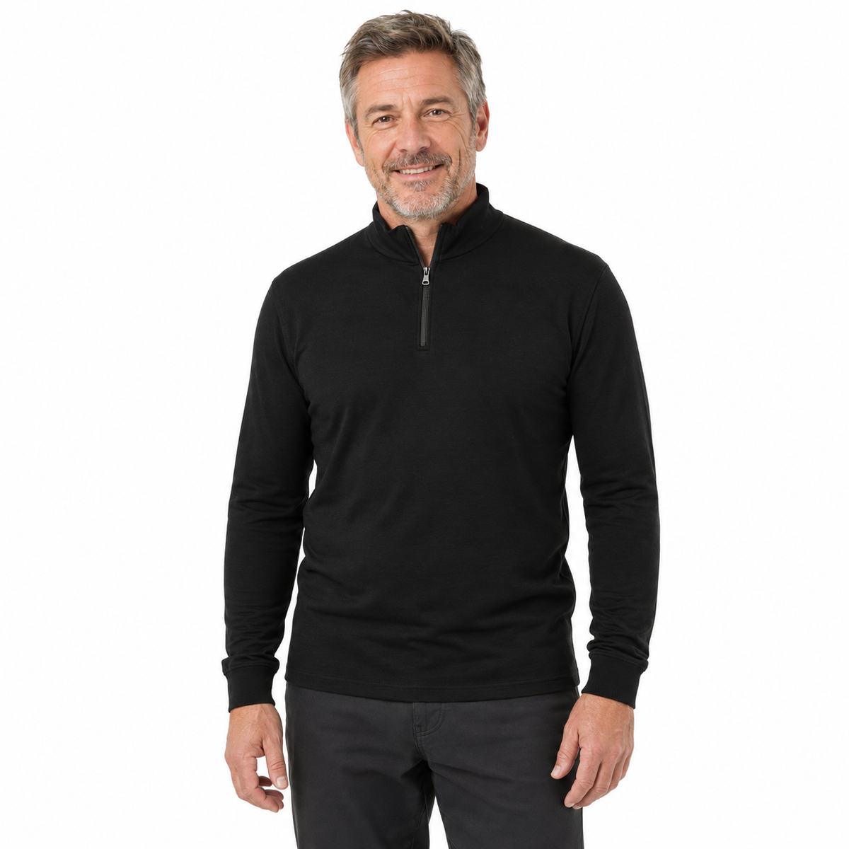 Mens Pure Merino Wool 1/4 Zip Long Sleeve Polo Neck Thermal Top Warm Thermals  - Black