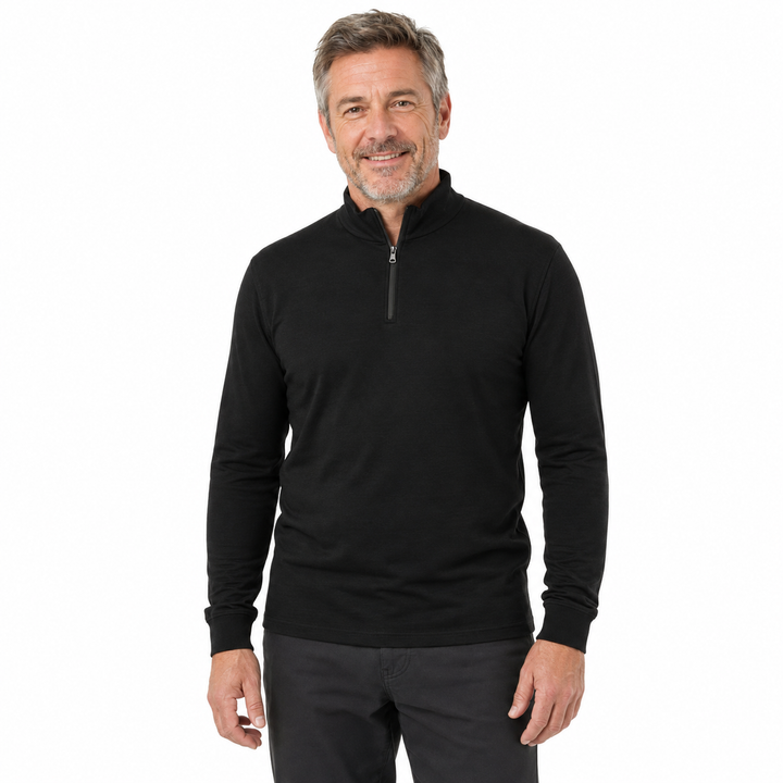 Mens Pure Merino Wool 1/4 Zip Long Sleeve Polo Neck Thermal Top Warm Thermals  - Black