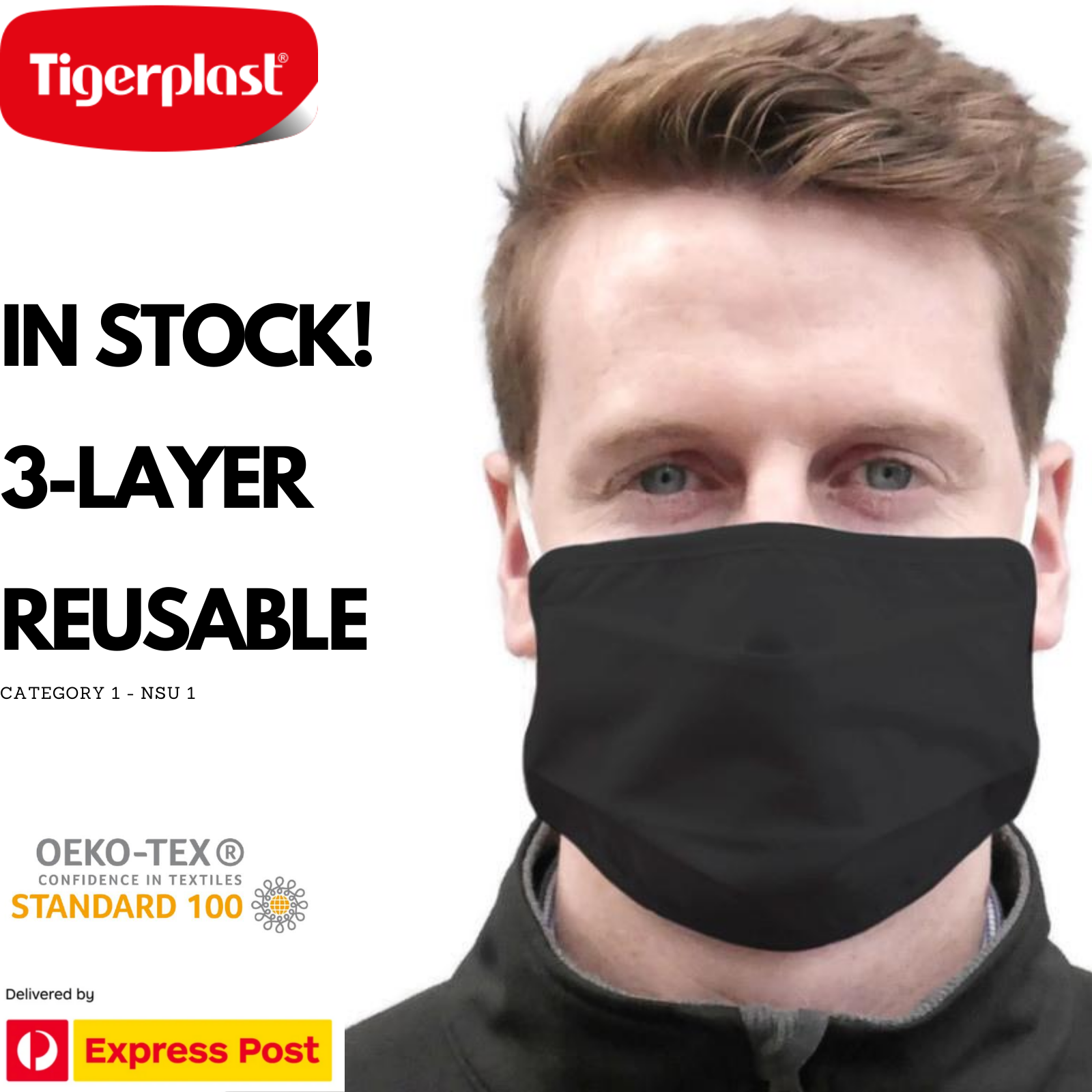 TIGERPLAST Fabric Face Mask Washable Reusable Mask Protect Anti-Microbial Mouth Cover - Black-1
