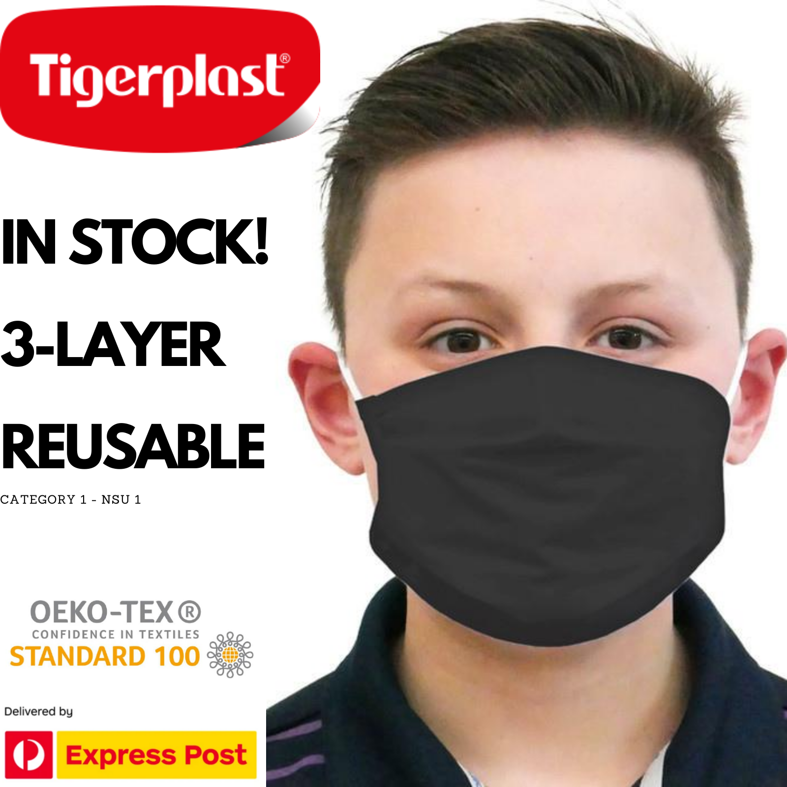 TIGERPLAST Kids Fabric Face Mask Washable Reusable Mask Protect Mouth Cover - Black-1