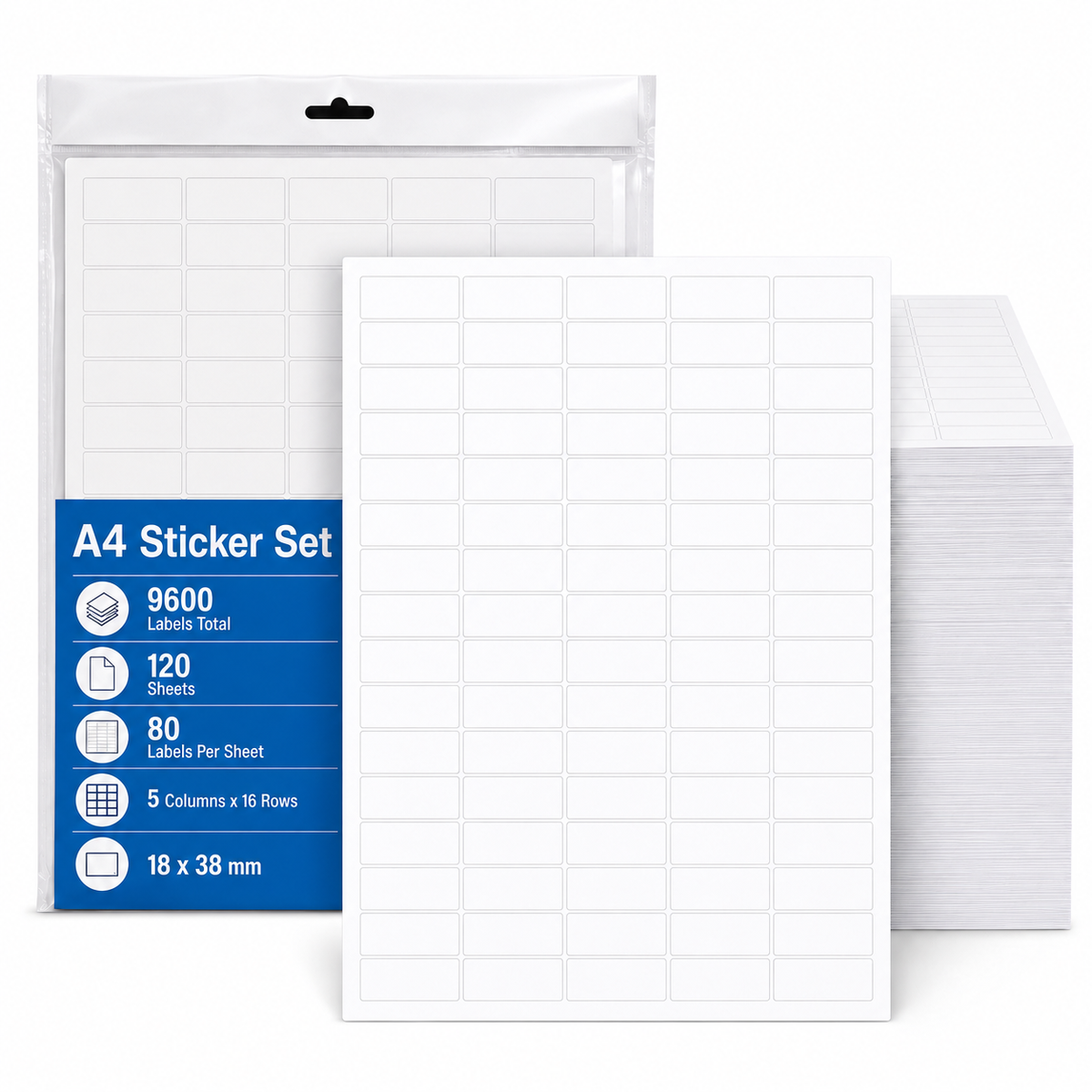 9600x A4 Self Adhesive Sticker Label Set (18x38mm) Laser Inkjet - 80 Stickers to a page