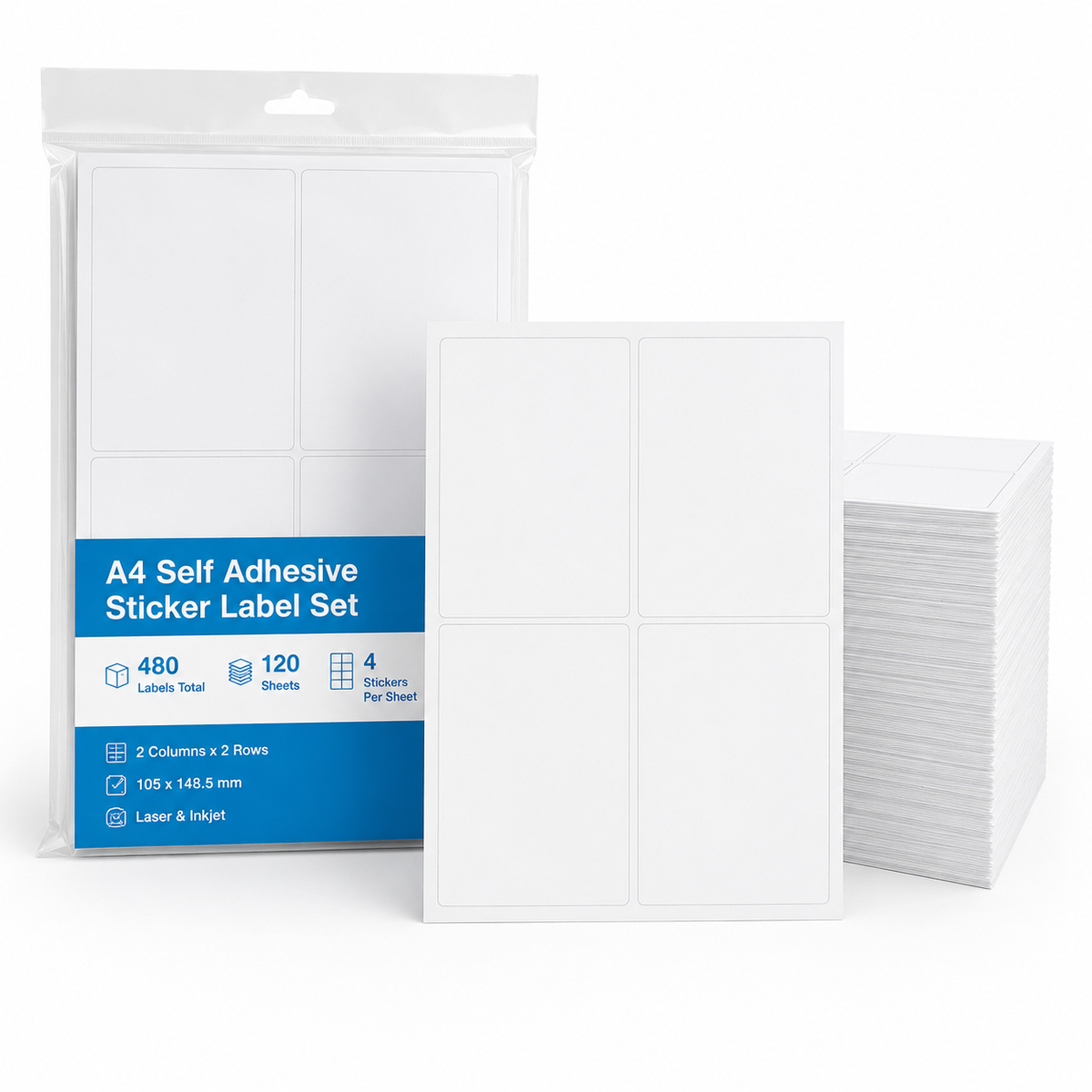 480x A4 Self Adhesive Sticker Label Set (105x148.5mm) Laser Inkjet - 4 Stickers to a Page