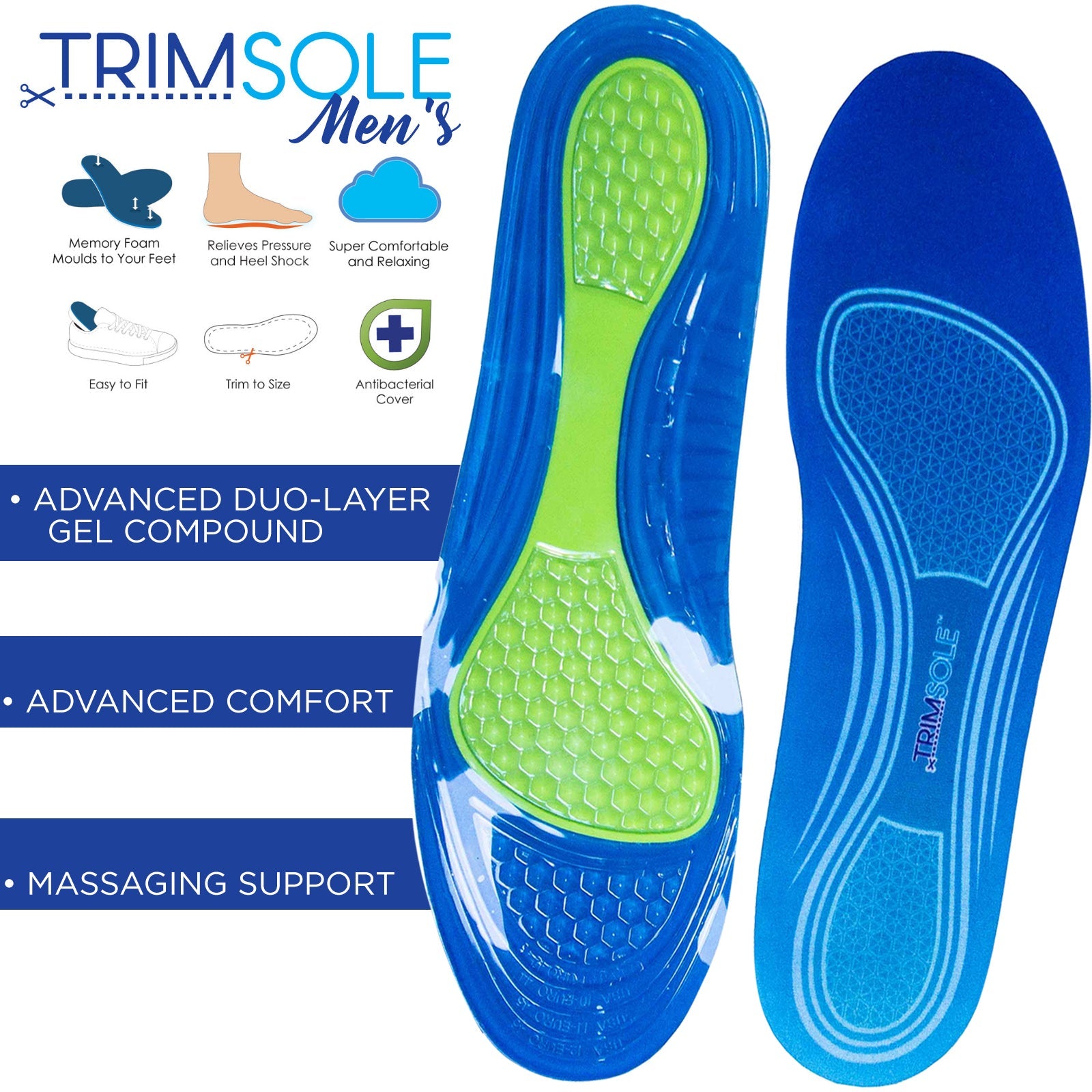 TRIMSOLE Mens Gel Advanced Insoles Silicone Antibacterial Inserts Pads Massage-1