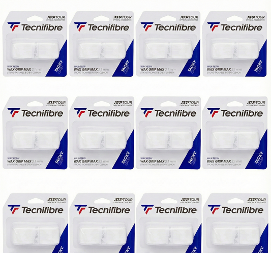 12x Tecnifibre Wax Tennis Grip Max Tacky Grip 2.1mm - Strong Tackiness in White