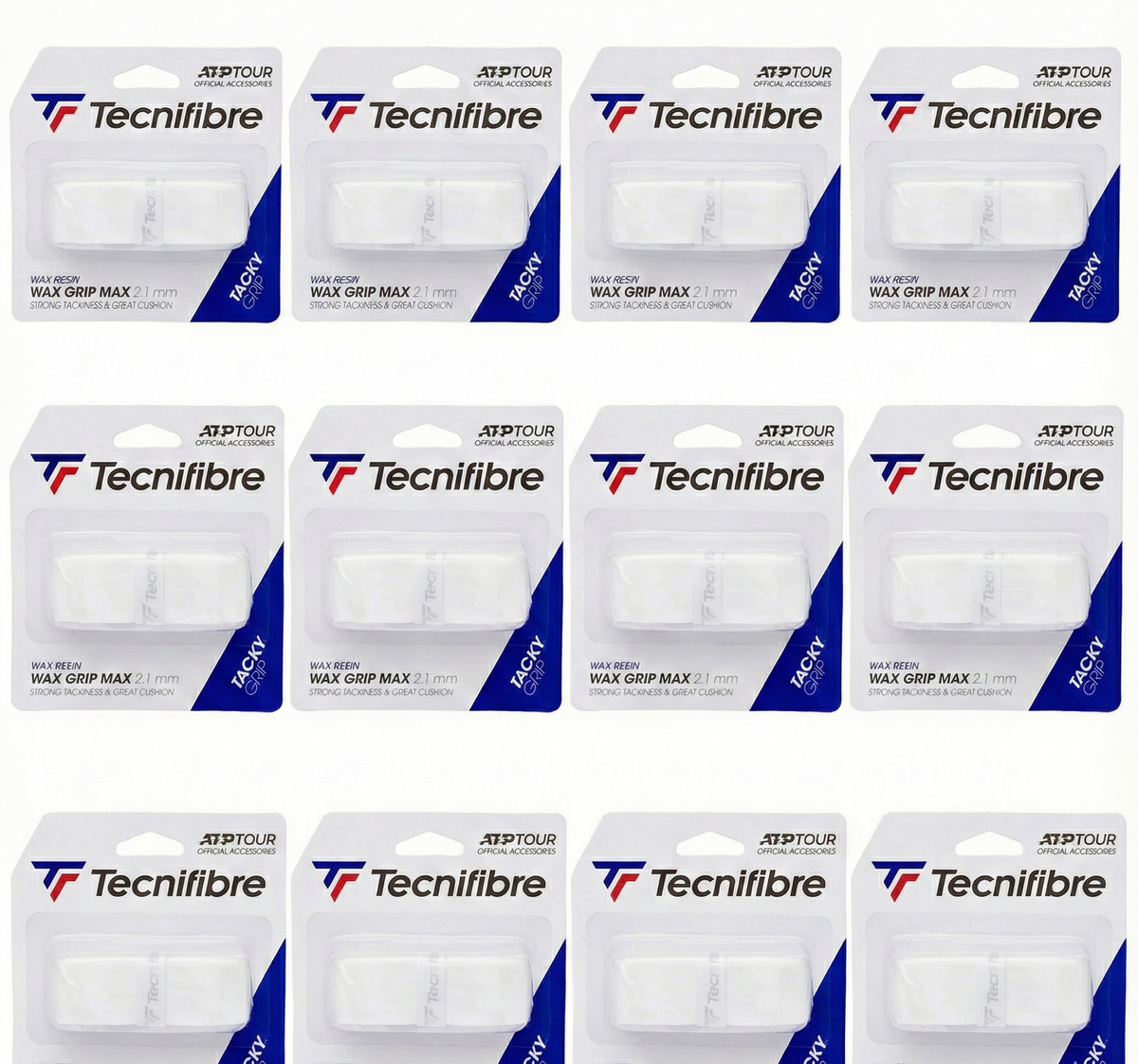 12x Tecnifibre Wax Tennis Grip Max Tacky Grip 2.1mm - Strong Tackiness in White