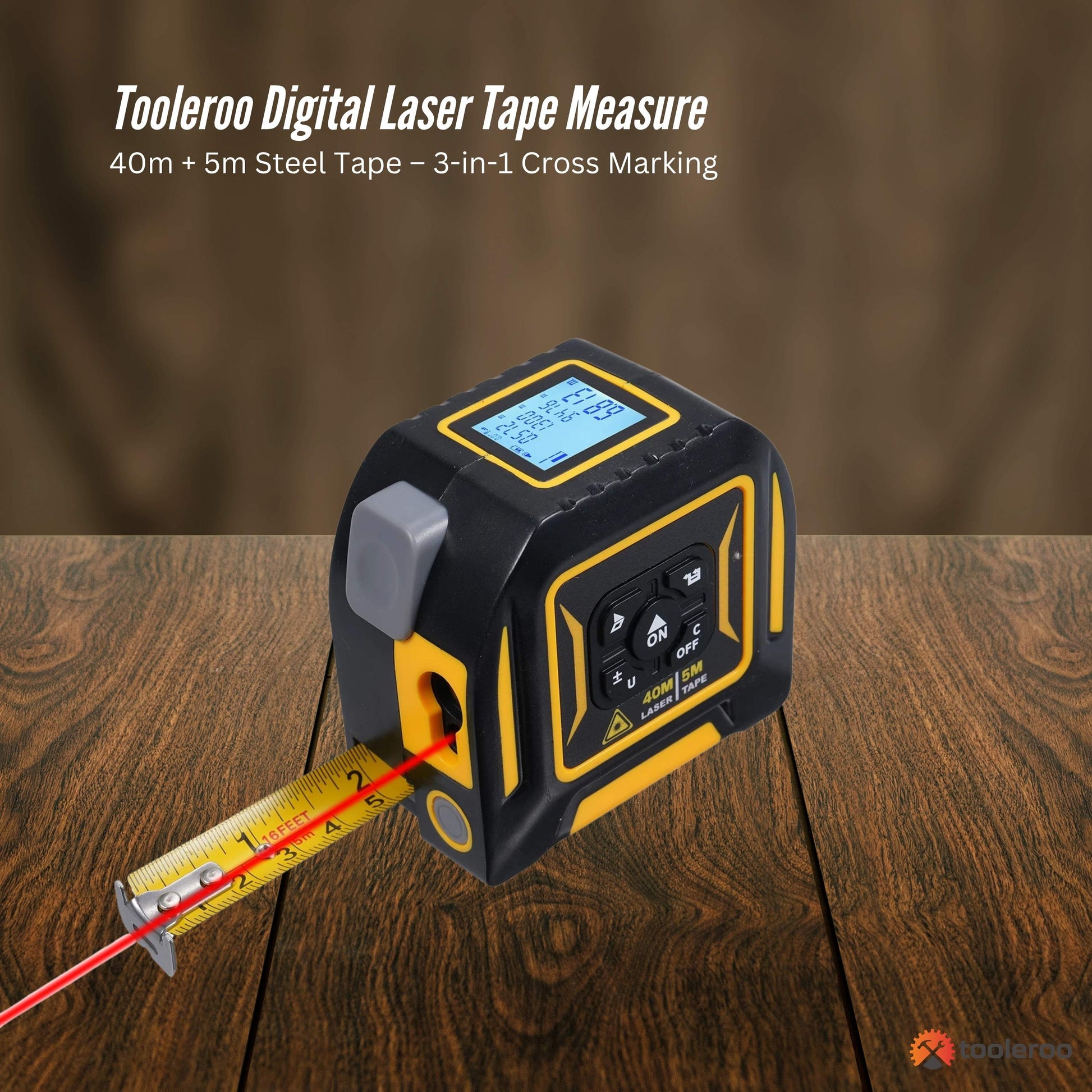 Tooleroo 40m Digital Laser Tape Measure + 5m Steel Tape – 3-in-1 Cross Marking-2