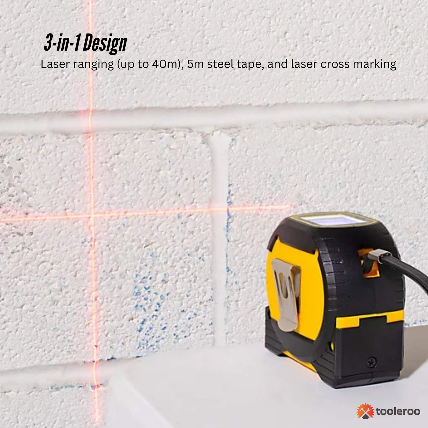 Tooleroo 40m Digital Laser Tape Measure + 5m Steel Tape – 3-in-1 Cross Marking-3