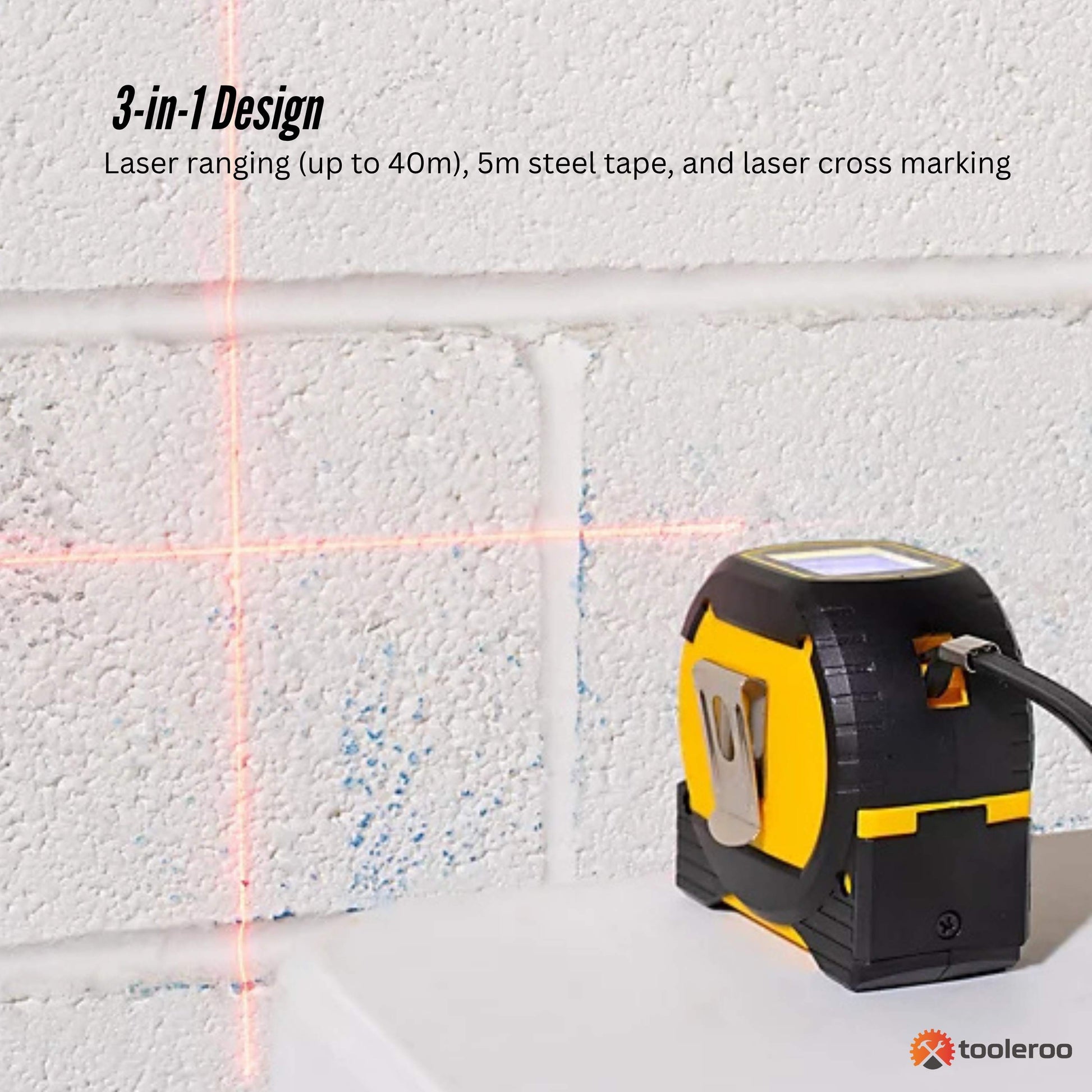 Tooleroo 40m Digital Laser Tape Measure + 5m Steel Tape – 3-in-1 Cross Marking-3