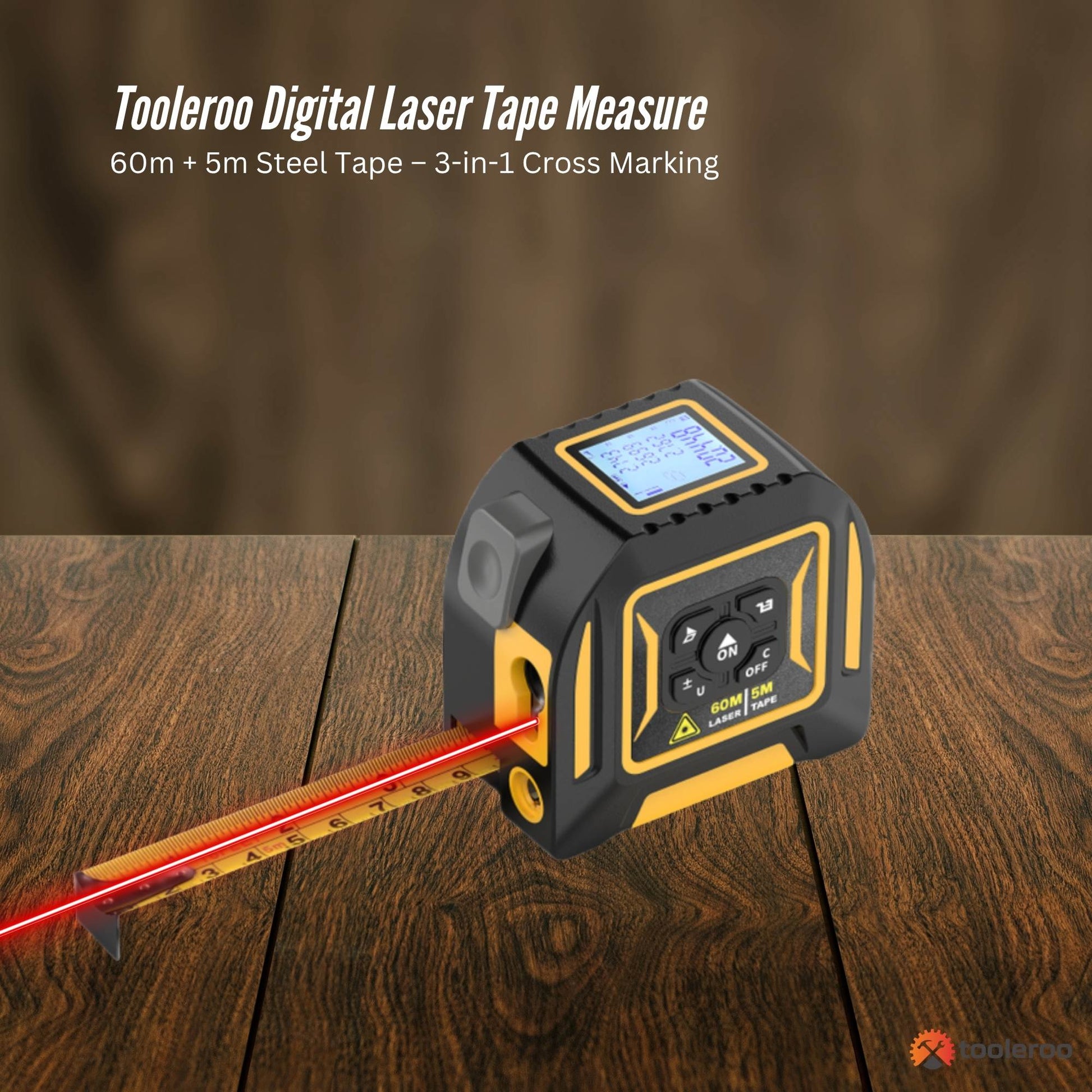 Tooleroo 60m Digital Laser Tape Measure + 5m Steel Tape – 3-in-1 Cross Marking-1