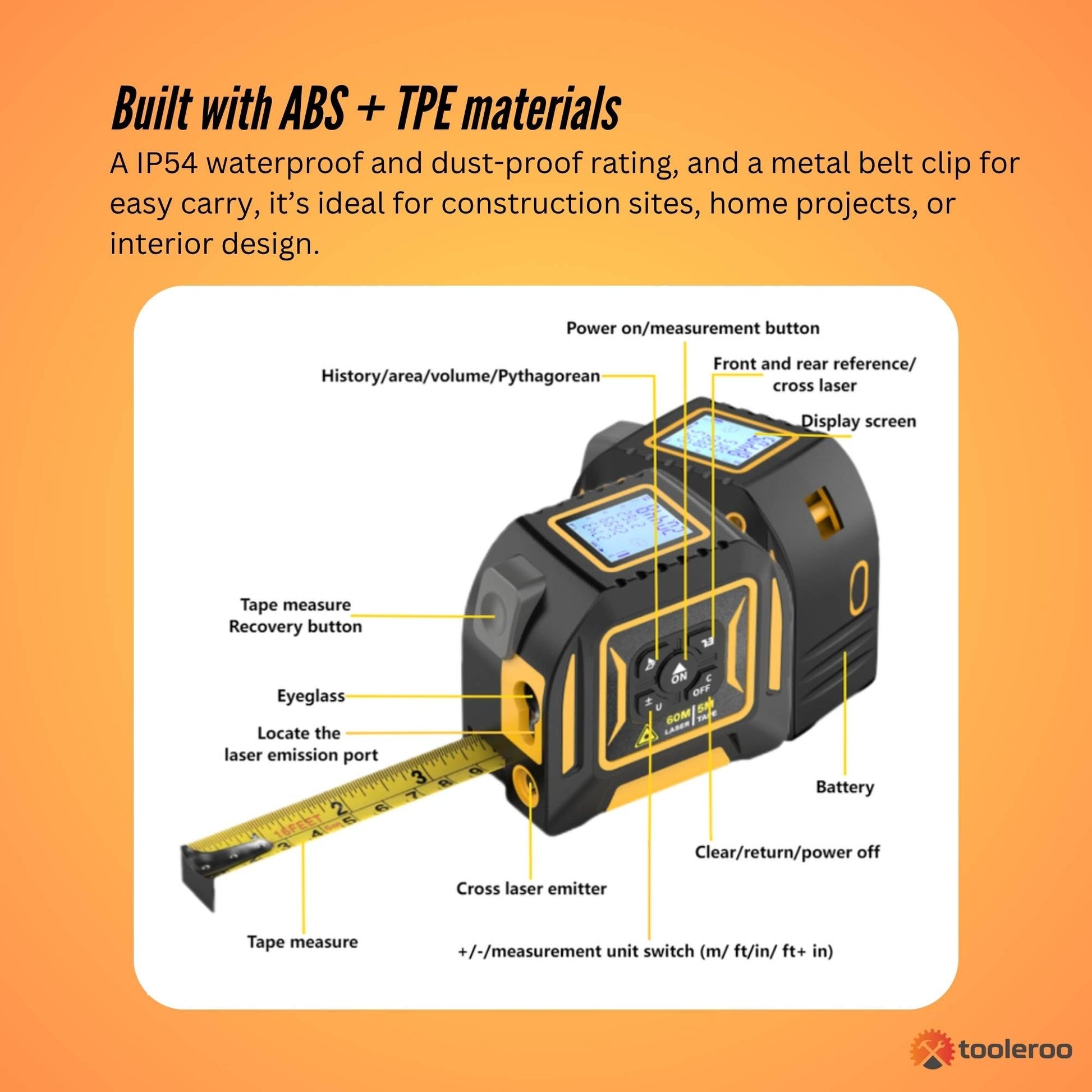 Tooleroo 60m Digital Laser Tape Measure + 5m Steel Tape – 3-in-1 Cross Marking-2