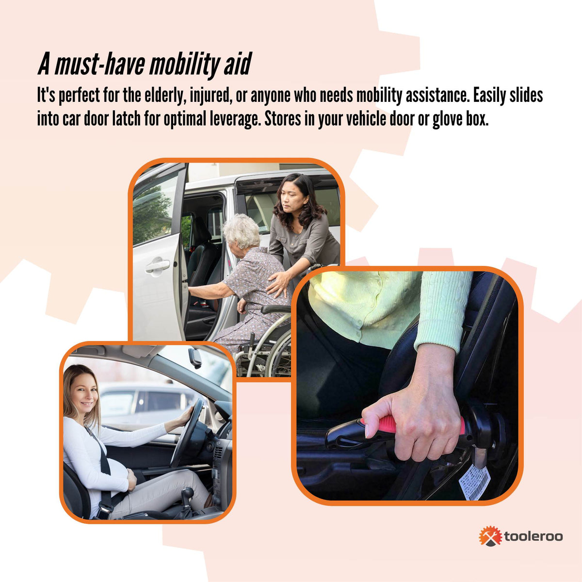 Tooleroo Car Cane Door Handle - Portable Elderly Stand Aid LED Light Hammer-3