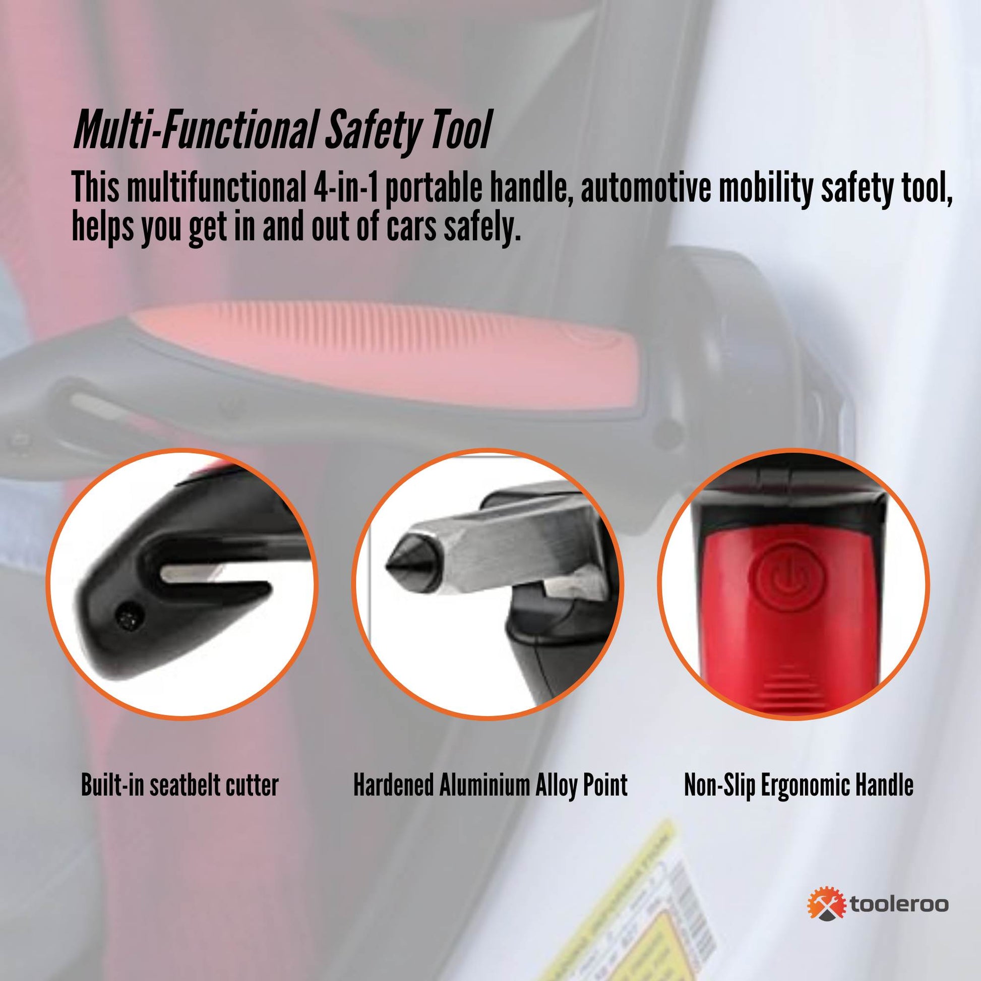 Tooleroo Car Cane Door Handle - Portable Elderly Stand Aid LED Light Hammer-4