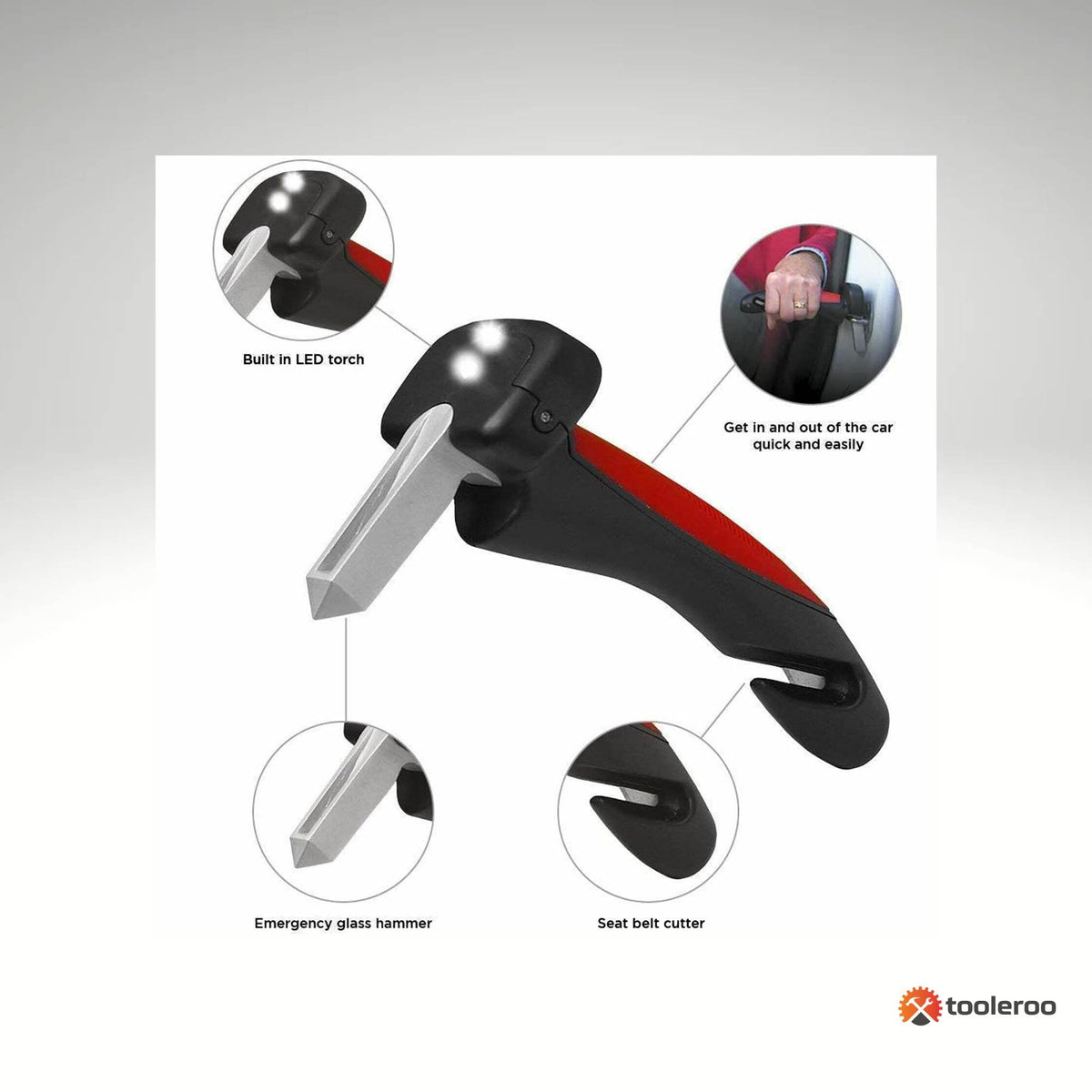 Tooleroo Car Cane Door Handle - Portable Elderly Stand Aid LED Light Hammer-1
