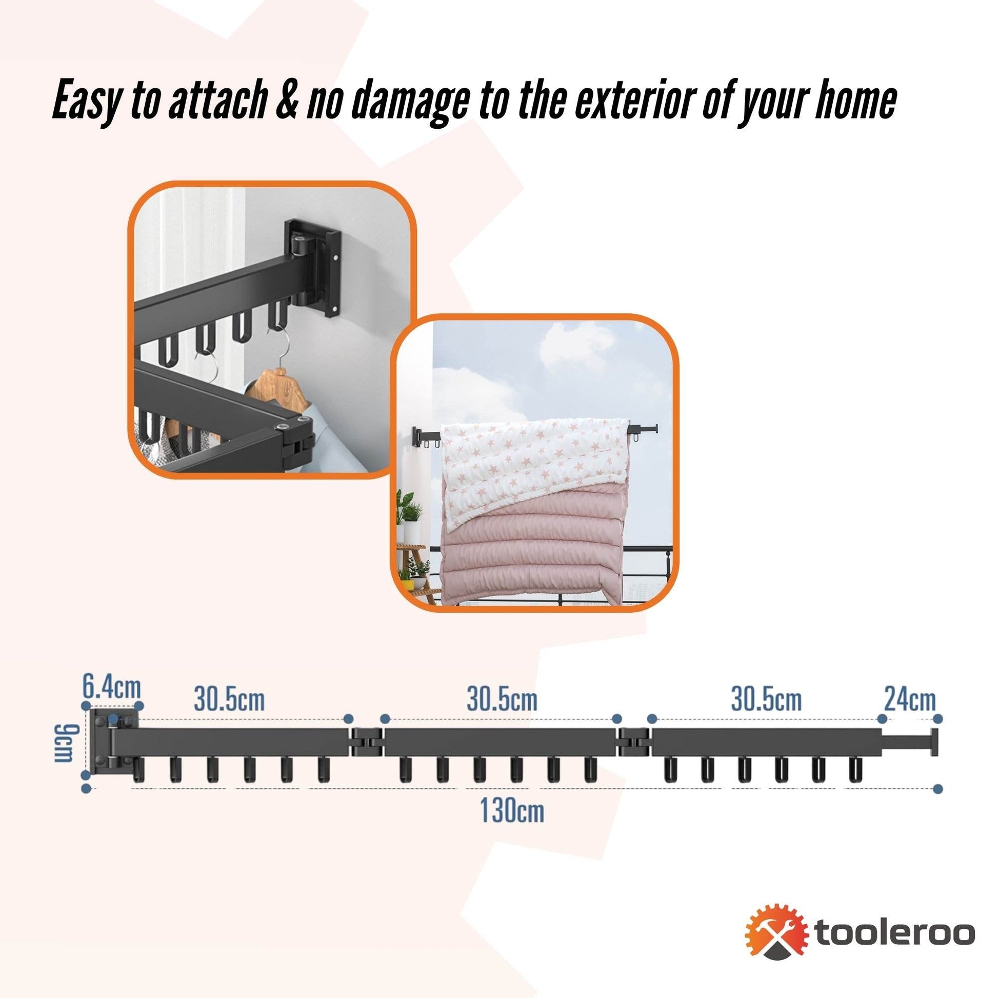 Tooleroo Clothes Drying Rack Tri-Fold Wall-Mount Space-Saving Laundry Hanger-3